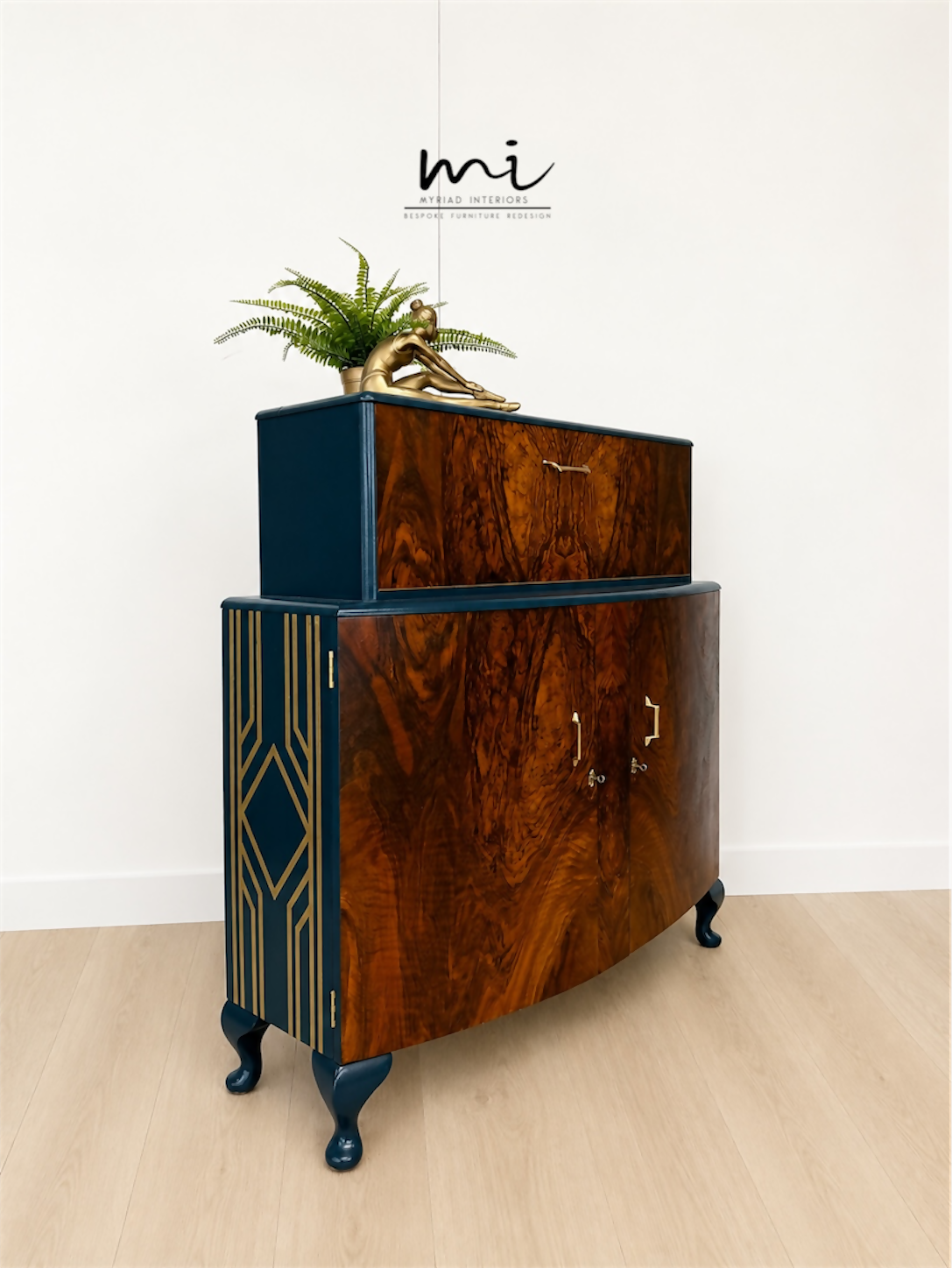 Navy Blue and Gold Art Deco Walnut Drinks Cabinet, cocktail cabinet, 1930s, vintage bar, sideboard, refurbished