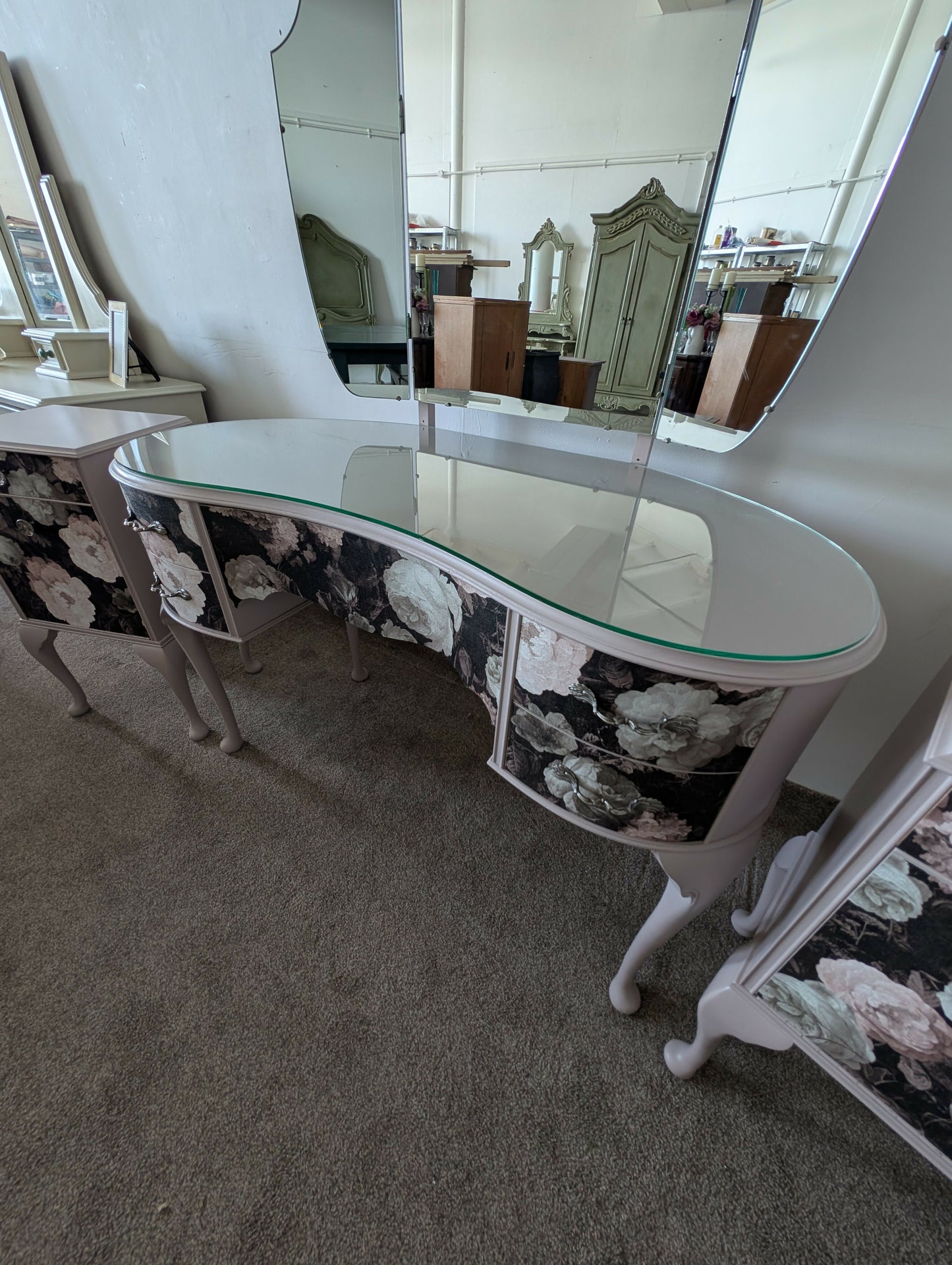 1940s Wrighton Dressing Table & Matching Bedside Cabinets | Vintage Painted Bedroom Set with Triple Mirrors and Glass Top