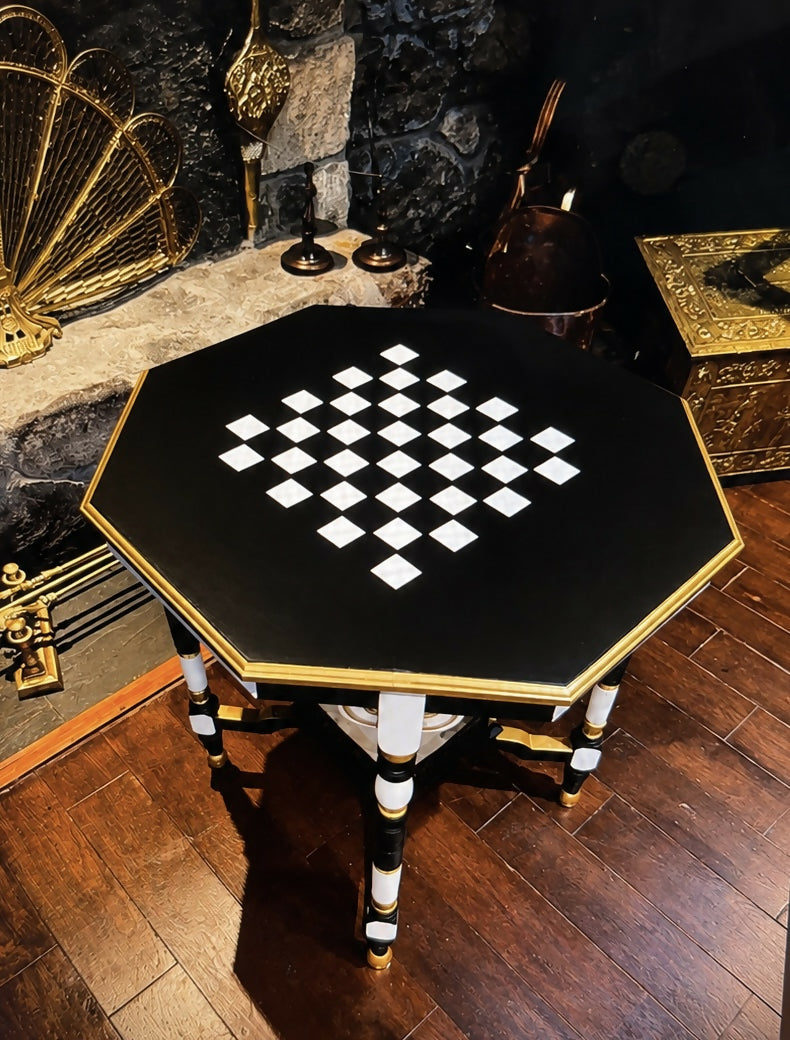 Vintage Chess & Games Table Monochrome Black, White & Gold Statement Side Table