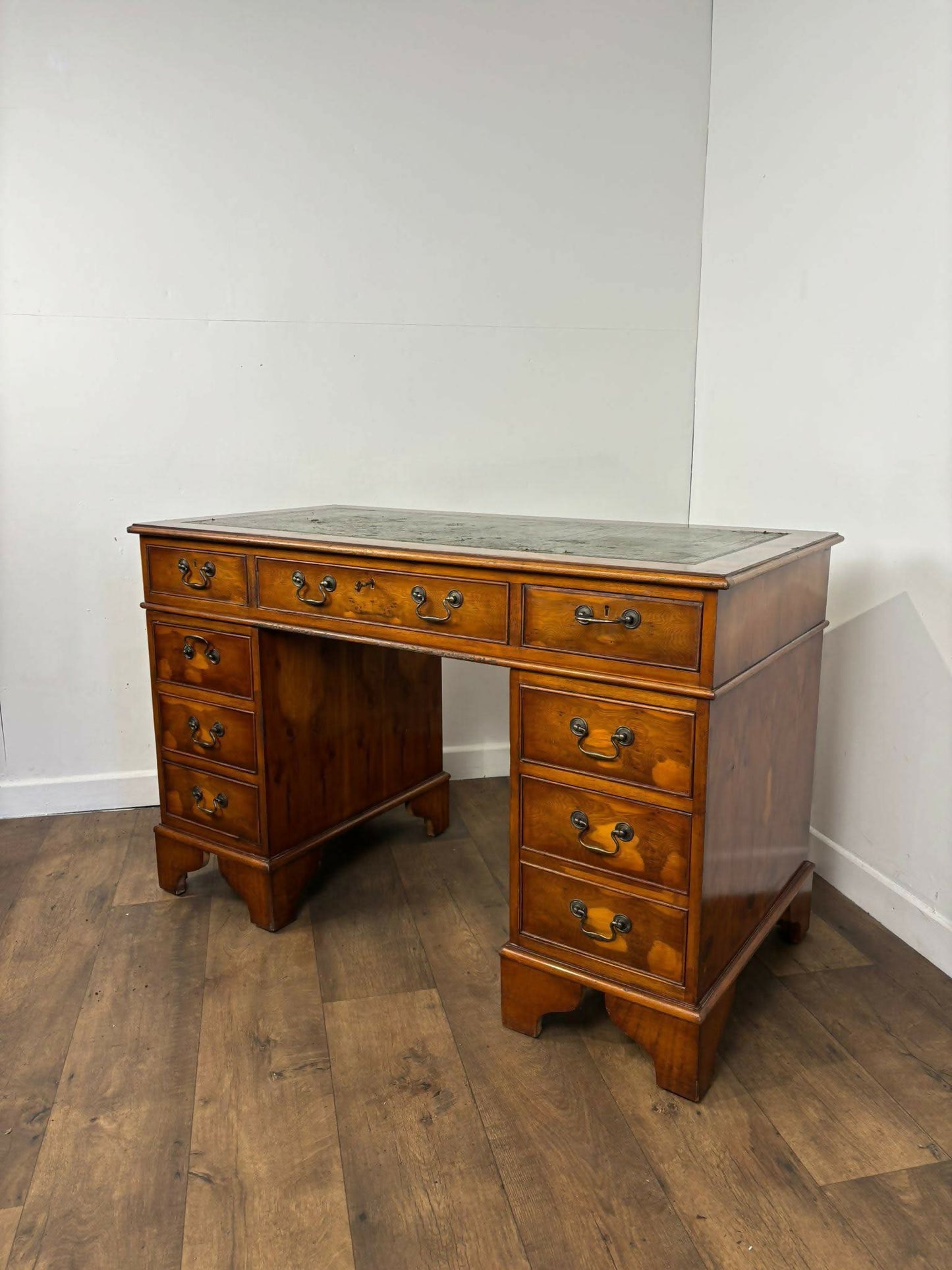 Reproduction Yew Wood Twin Pedestal Desk