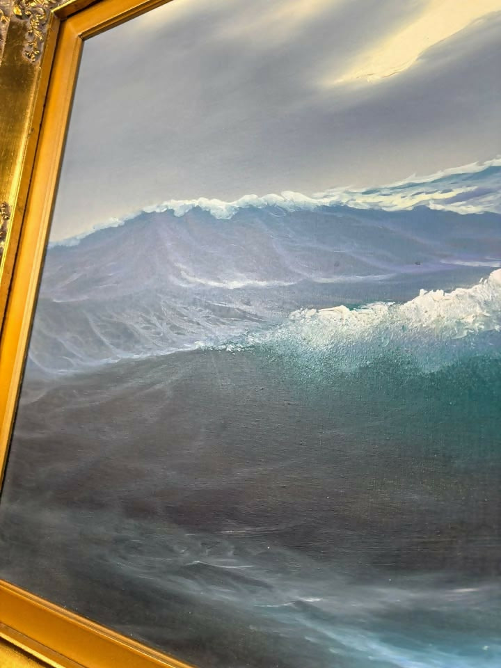 Oil on Canvas Seascape Painting – Signed “Sauli” – Ornate Gilt Frame
