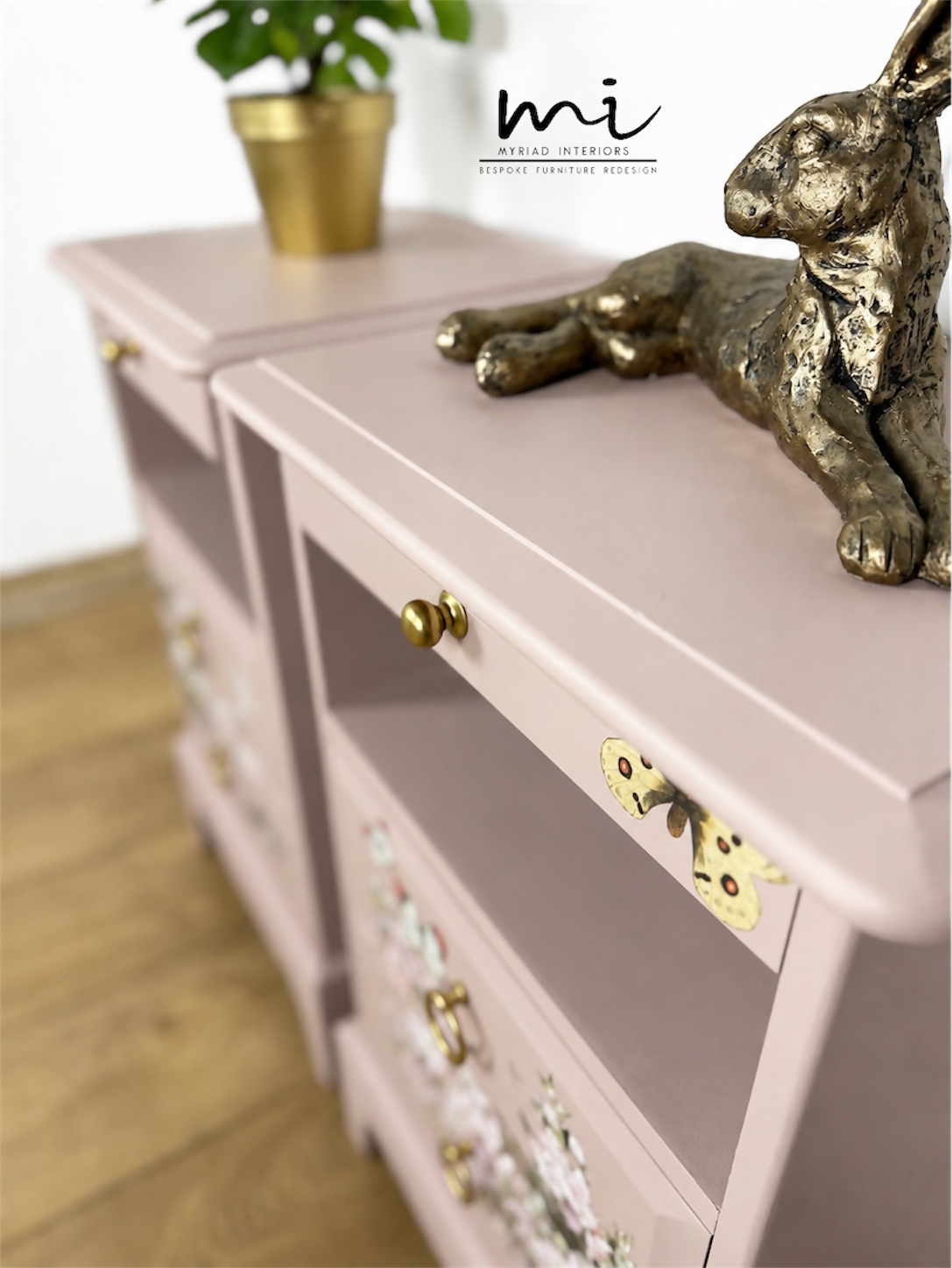 Dusky blush pink Stag Minstrel slim tea tray bedside tables with blossom and butterfly design. Nightstands pale pink