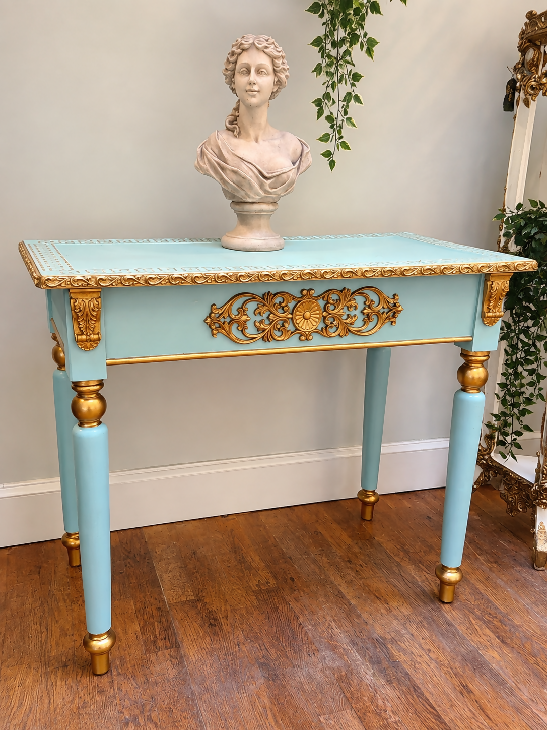 Neoclassical Grecian Console Table in Turquoise Blue & Gold Gilt