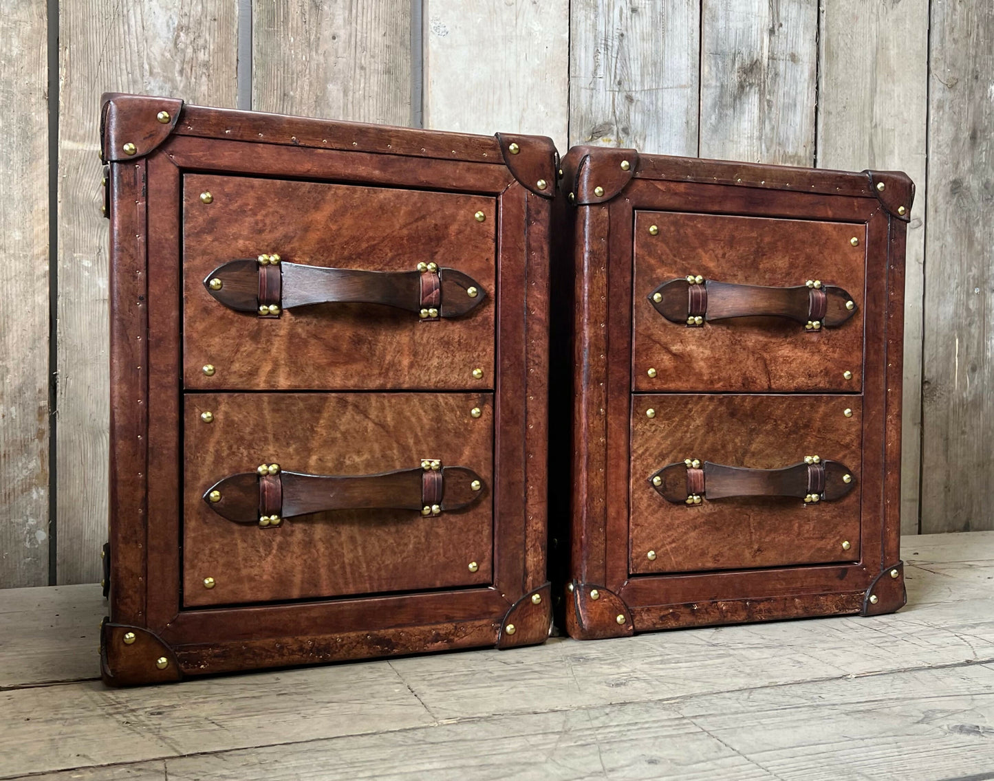 Bespoke English vintage bedside cabinets - custom wood framed - luxury hand dyed leather nightstands