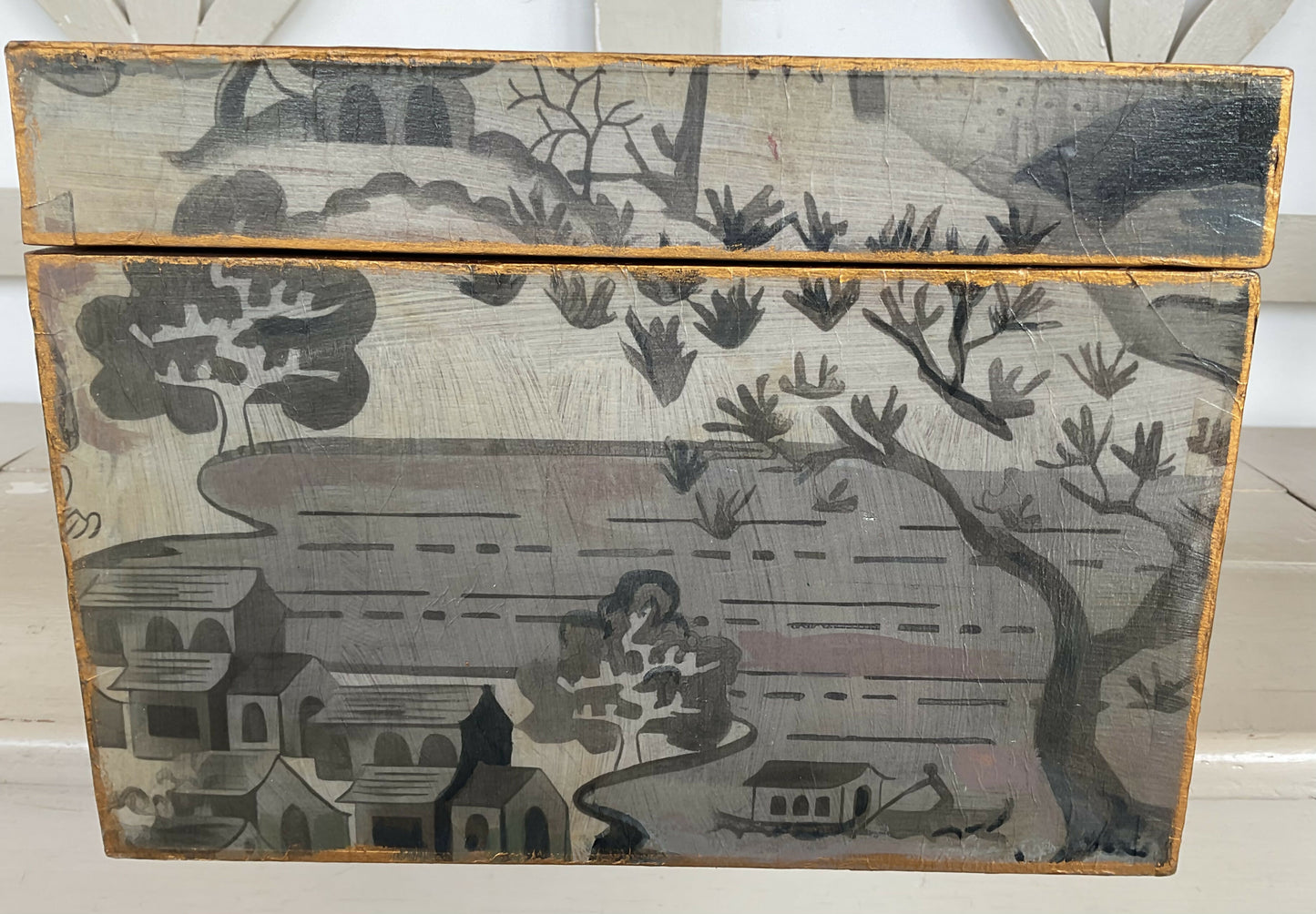 Antique Oak Chinoiserie decoupaged and hand painted large hinged Box