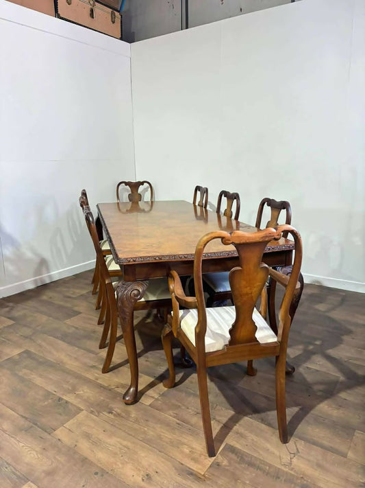 Large Burr Walnut Dining Table & Eight Queen Anne Style Chairsx