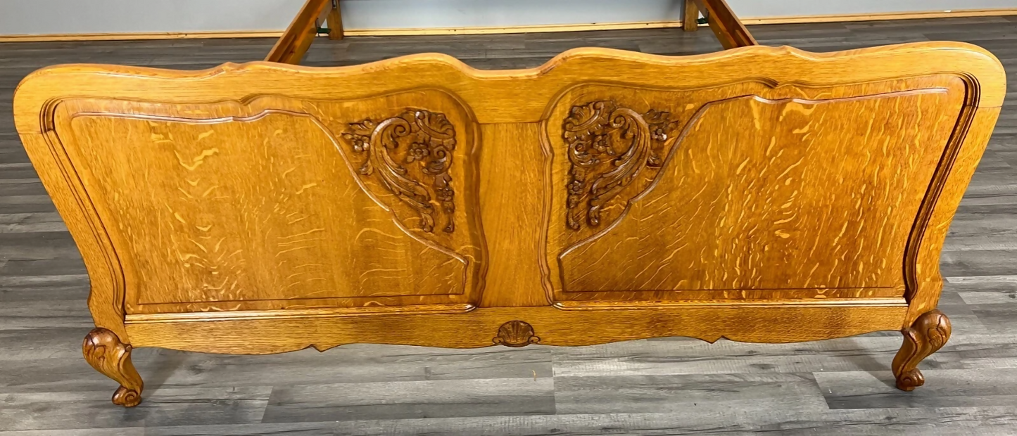Bed Antique French Louis XVI Oak Double Bed Frame Carved Headboard LOT 3662