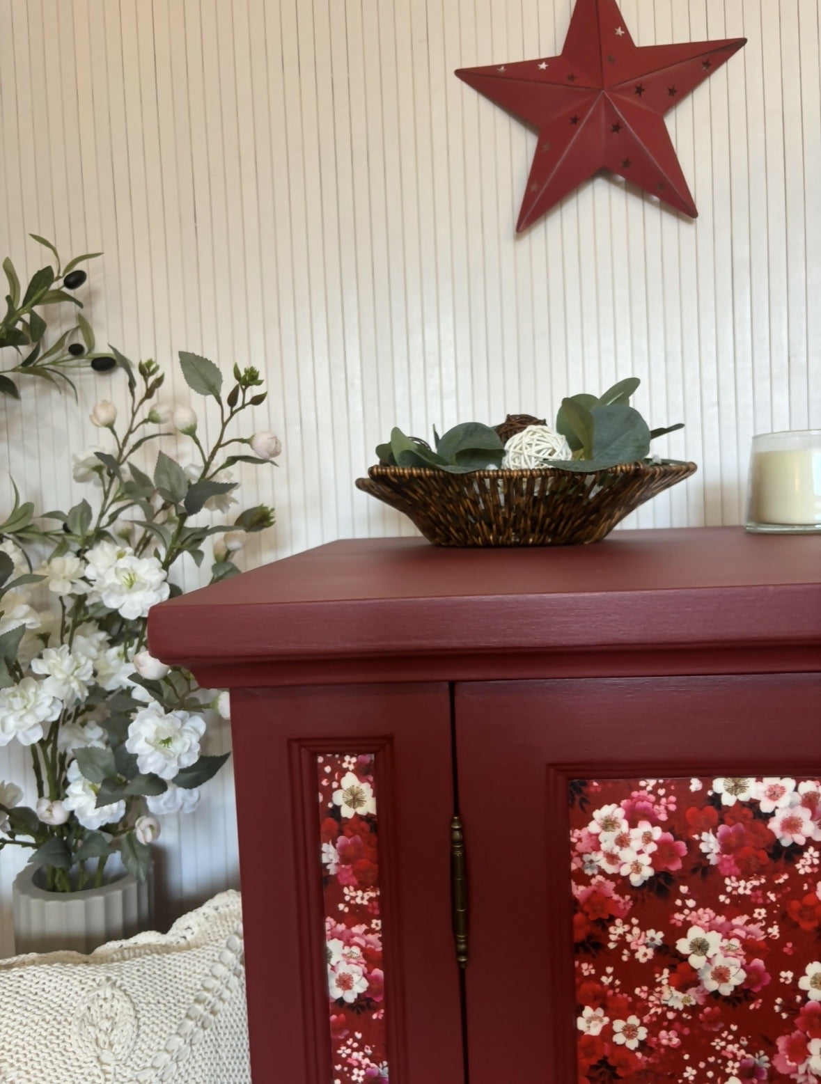 Cabinet Refinished in Red with Floral Decoupage