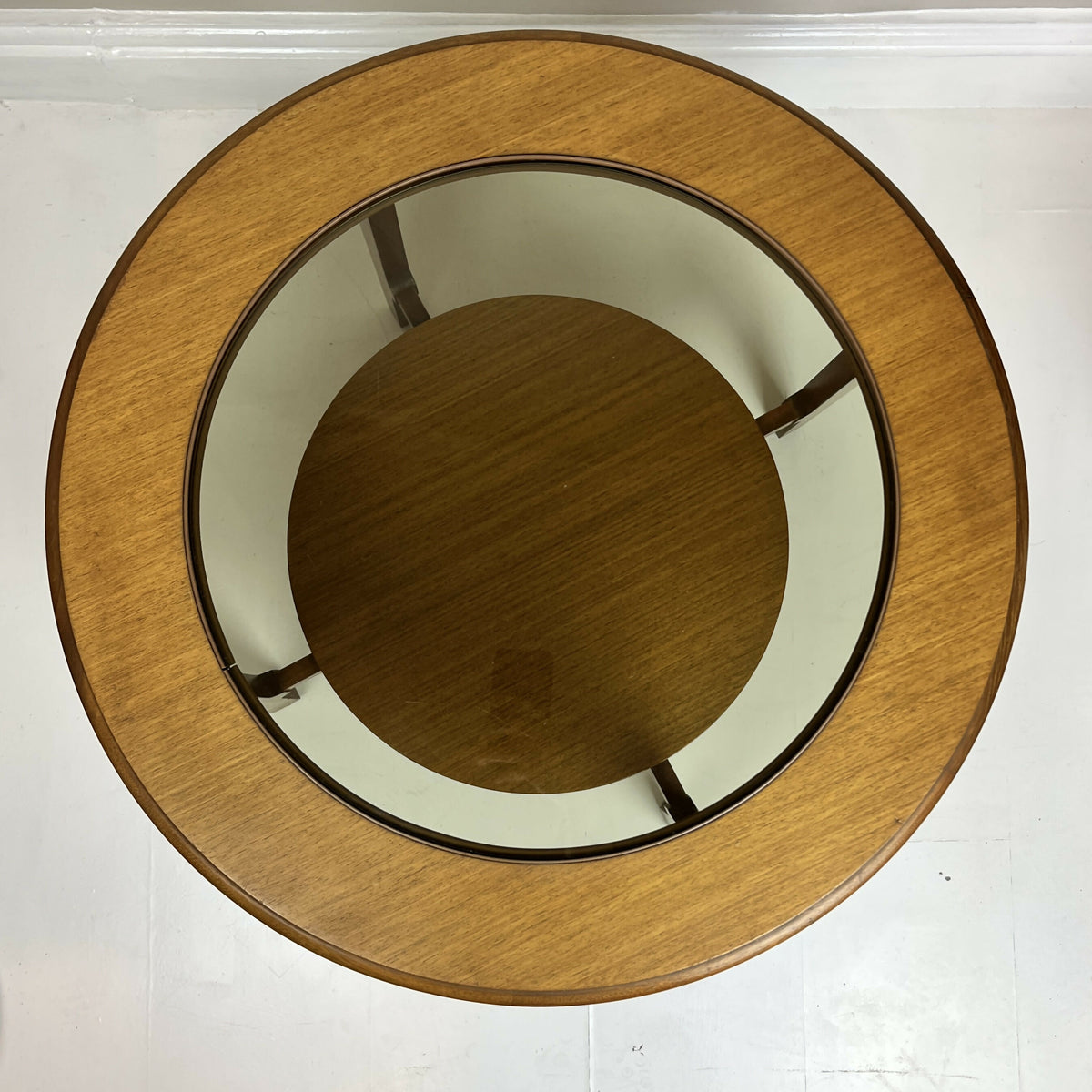 Vintage Remploy Teak Coffee Table Glass Top Round Mid Century Side Table 58.5cm
