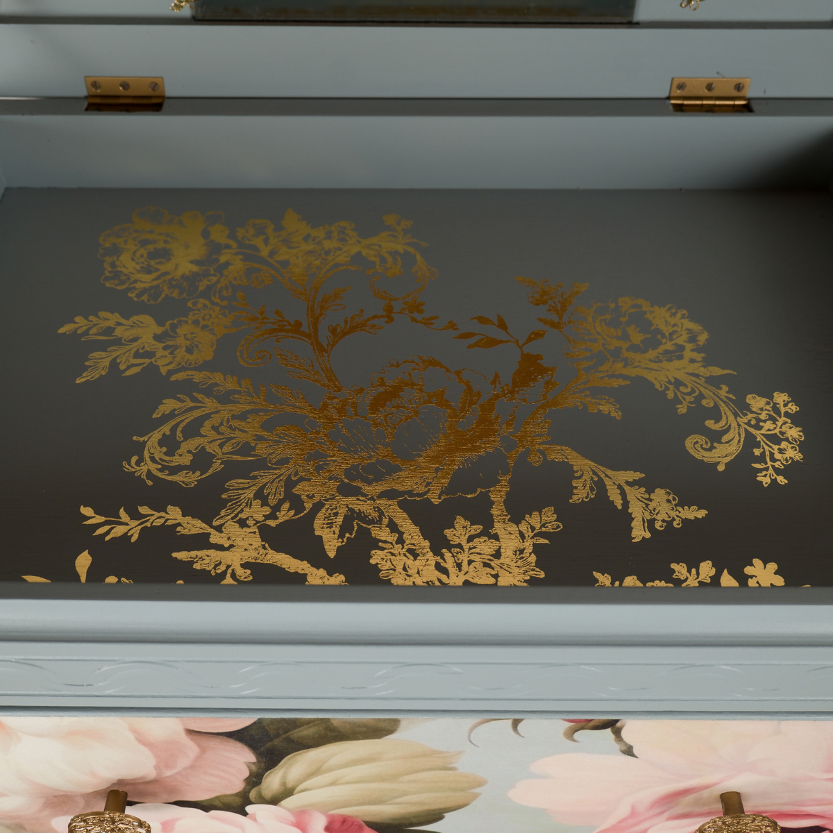 Vintage Lebus Dressing Chest, Chest of Drawers, Lift-Up Mirror, Floral Upcycled Furniture