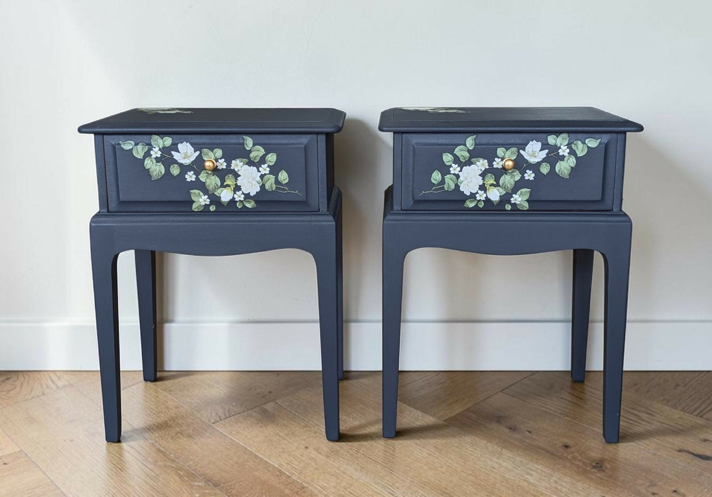 Vintage Stag minstrel navy blue bedside tables pair