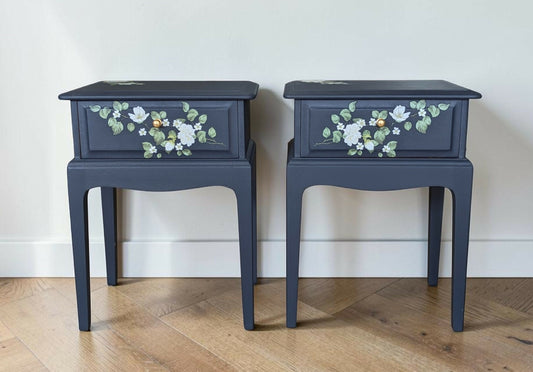 Vintage Stag minstrel navy blue bedside tables pair