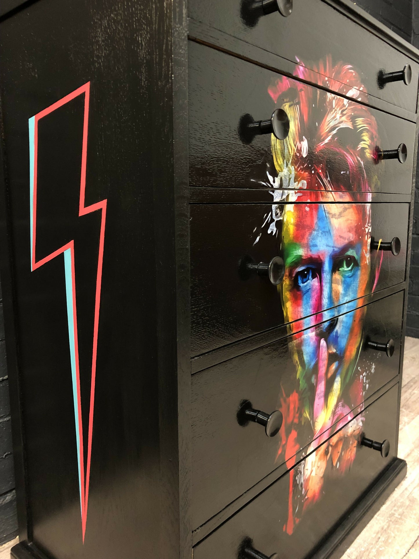 David Bowie Furniture / Ziggy Stardust Lightening Bolt Inspired, Pop Art Mid-Century Modern Black Painted Chest of Drawers, Glam Rock Interiors