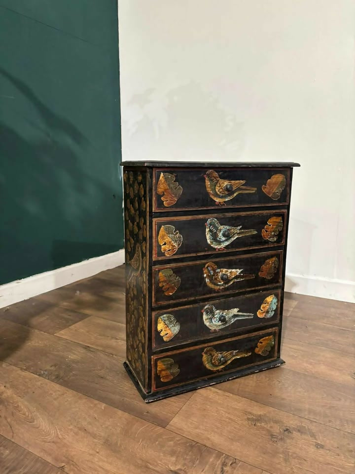Vintage Oriental Style Five Drawer Chest Decorated with Birdsn