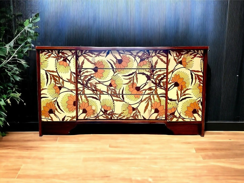 Upcycled Vintage Mid Century Sideboard, Tv Unit , 1970's Floral Print , Living Room, Dining Room Storage.