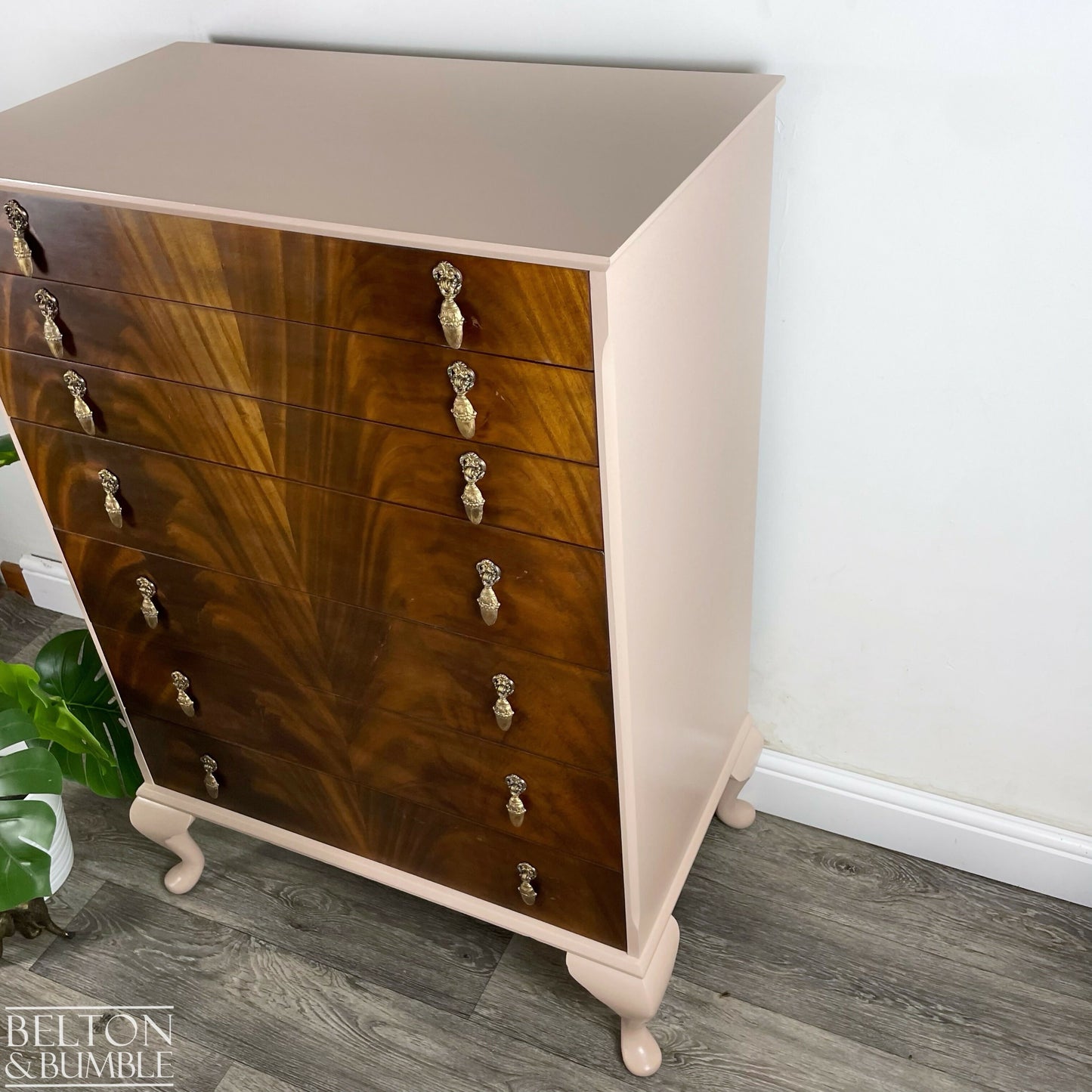 Seven Drawer Chest of Drawers in Dusky Pink and Flame Mahogany