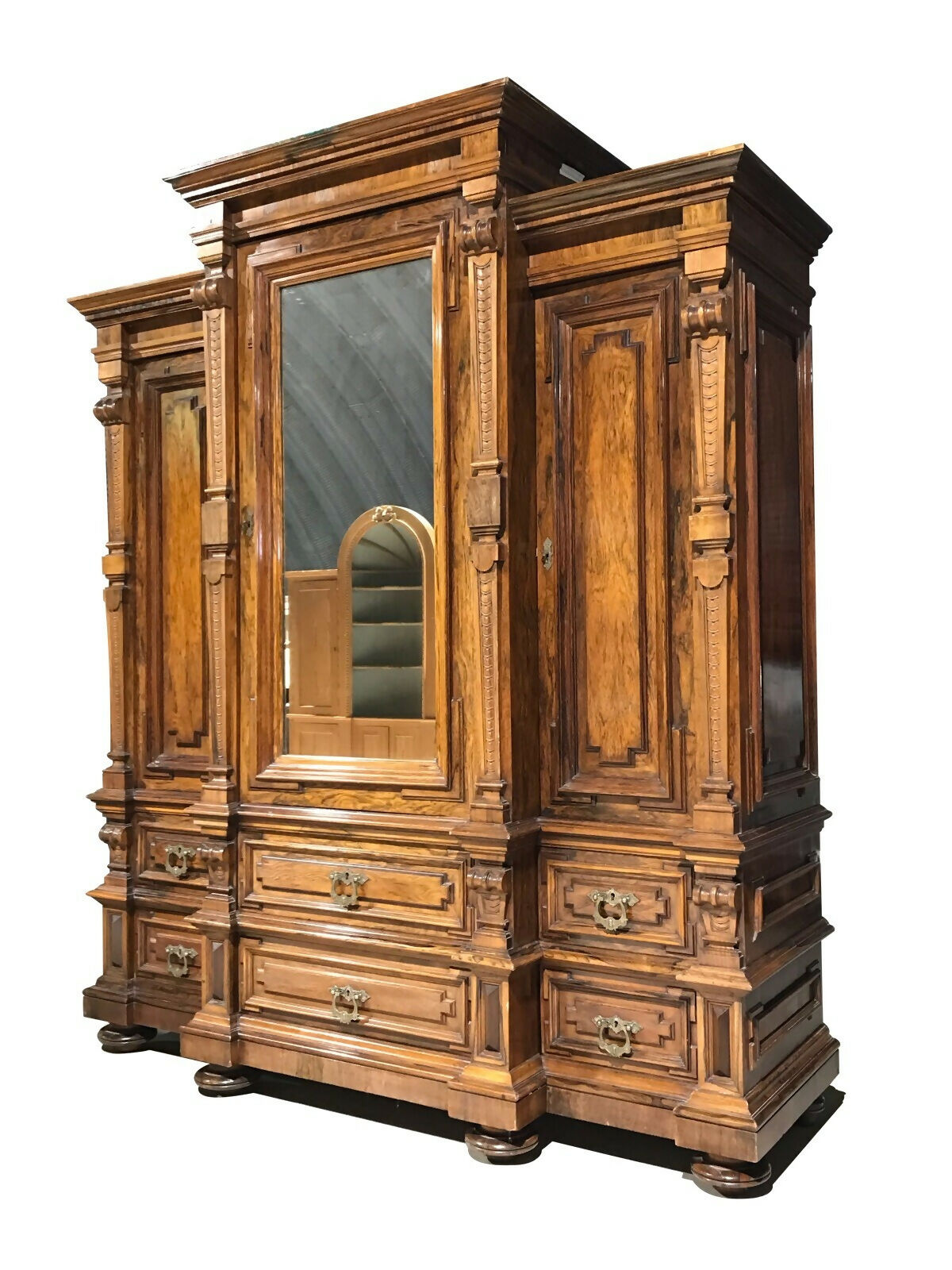 Antique Dutch Renaissance Breakfront Armoire Triple Wardrobe Hall Linen Cupboard