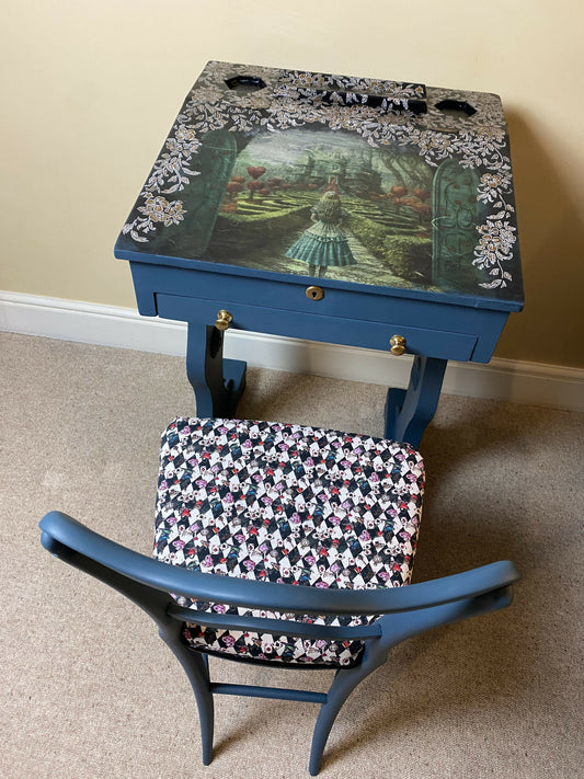 Alice in Wonderland themed Antique Victorian children’s lift lid desk and chair