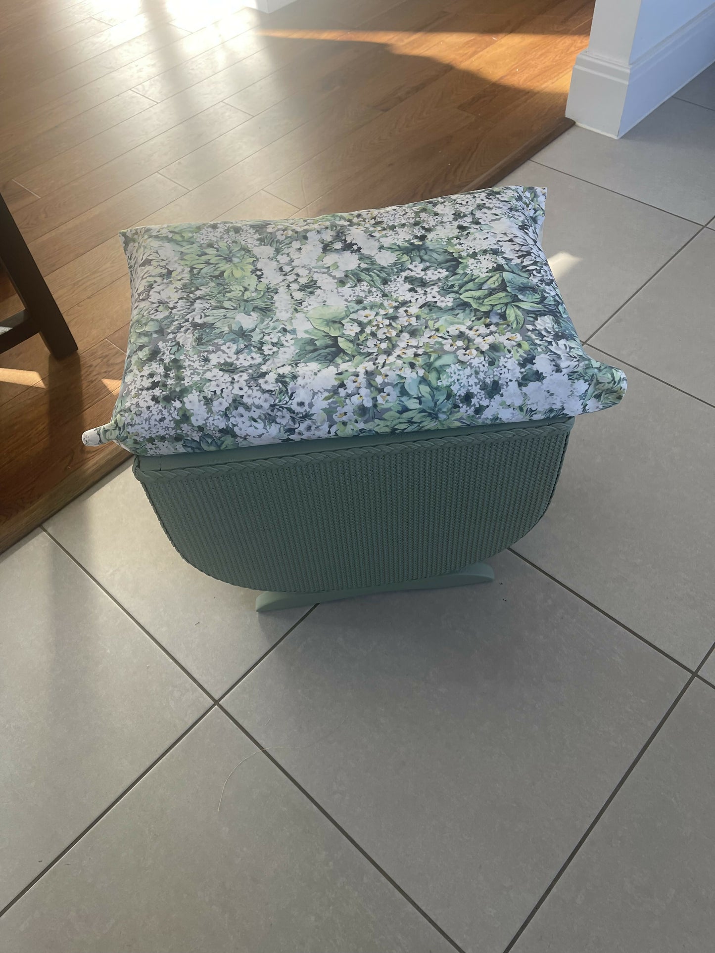 Small mid century Ottoman storage and seat. Sage green paint makes you choose the material.