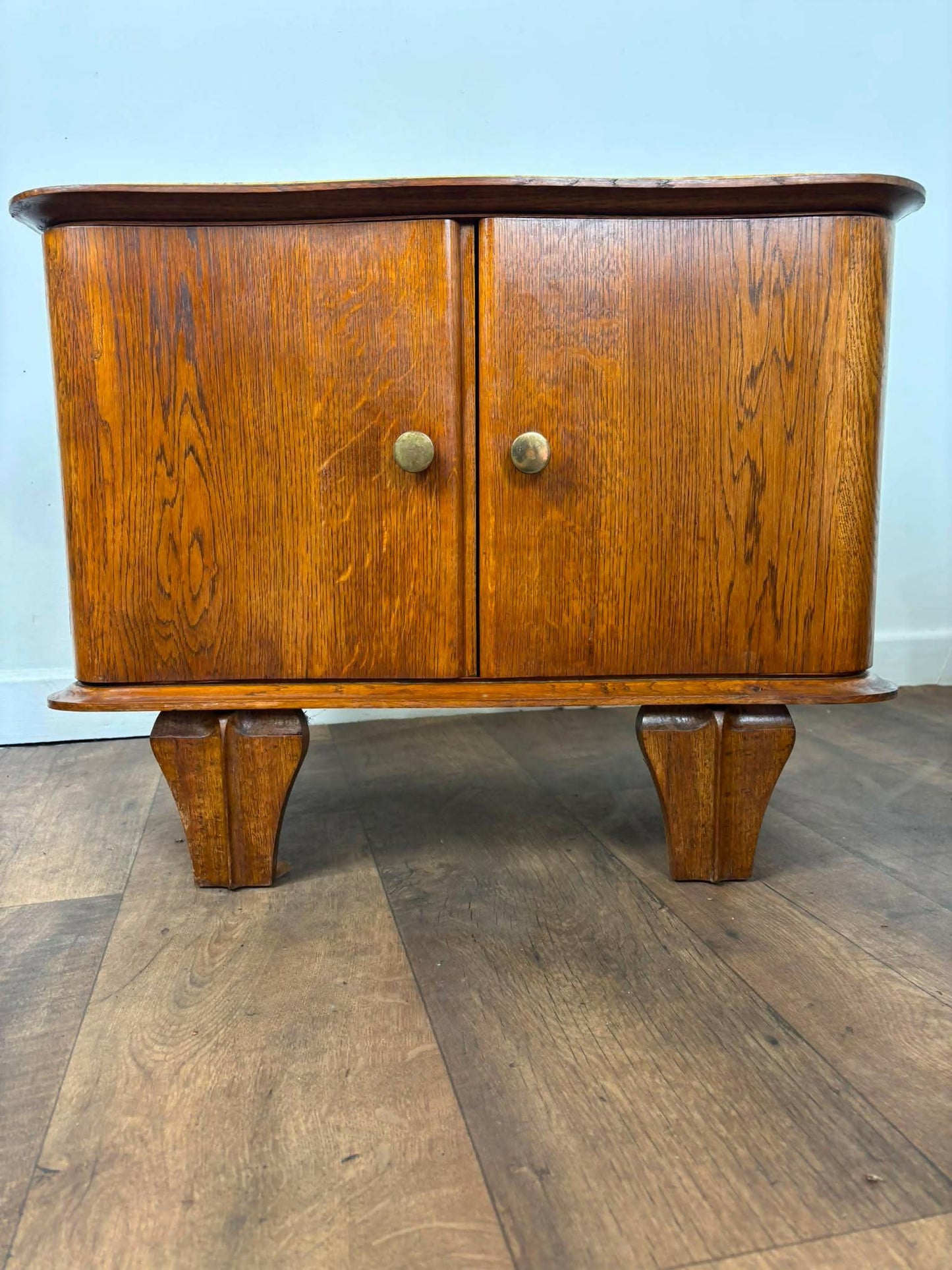 Pair of French Art Deco Oak Bedside Cabinets with Marble Tops