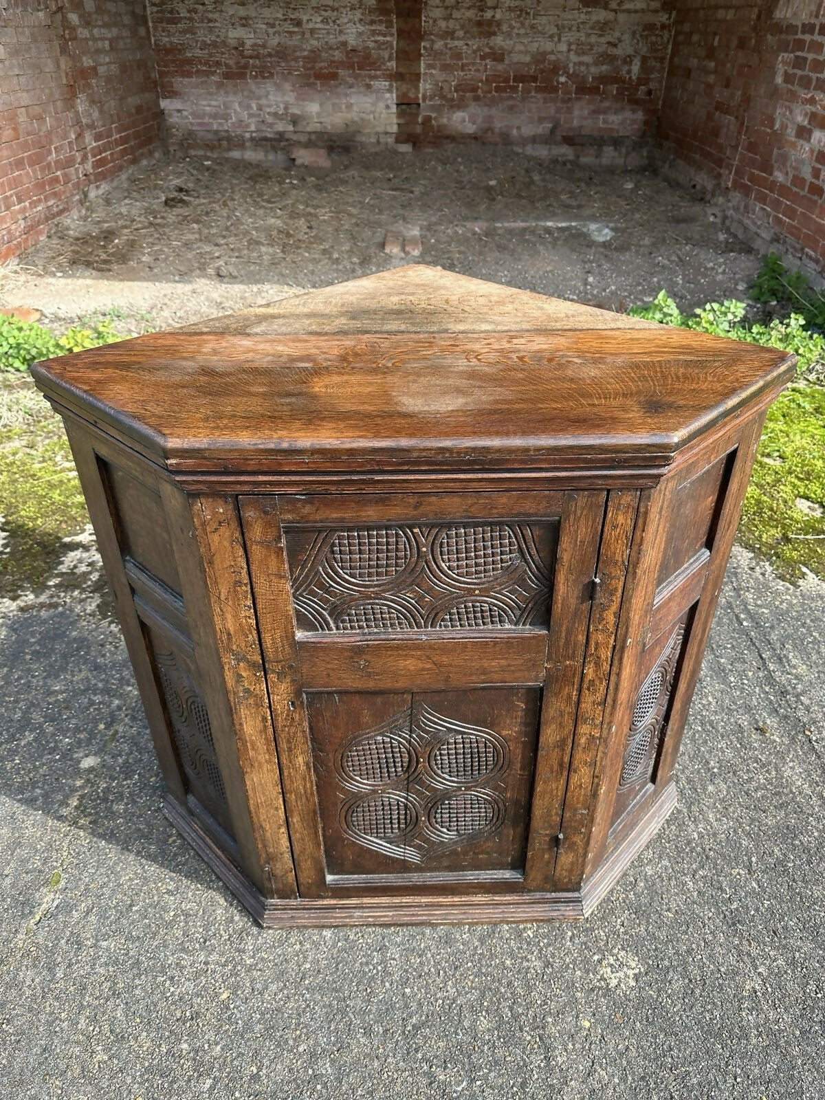 Antique Ecclesiastical Carved Oak Corner Kitchen Pantry Storage Cupboard
