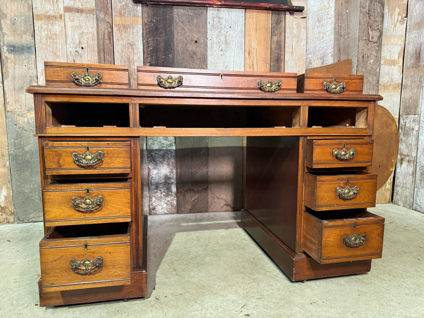 Antique Mid Victorian Walnut and Mahogany Embossed Leather Twin Pedestal Writing Desk, c.1860