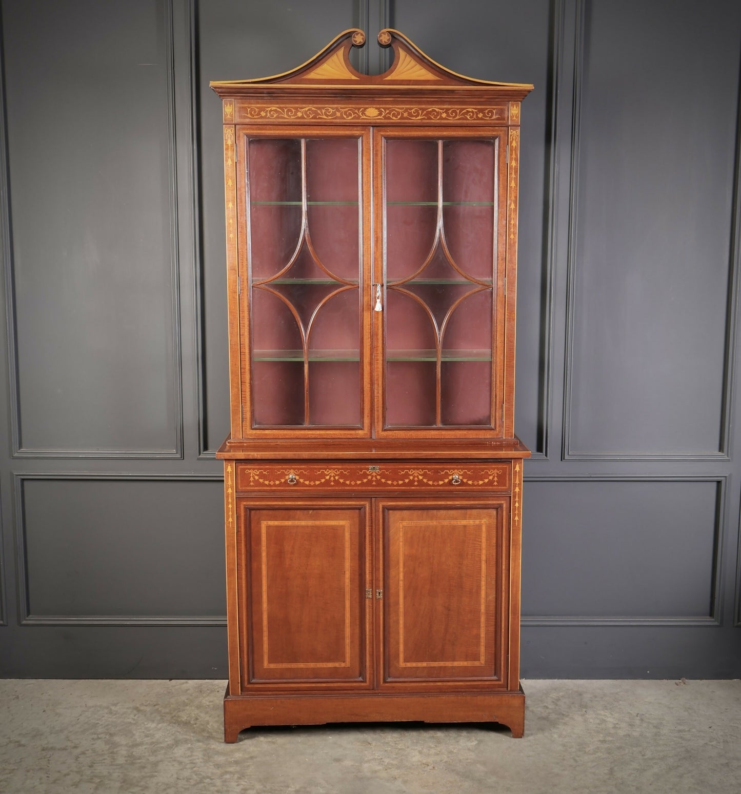 Marquetry Inlaid Mahogany Glazed Vintage Display Cabinet