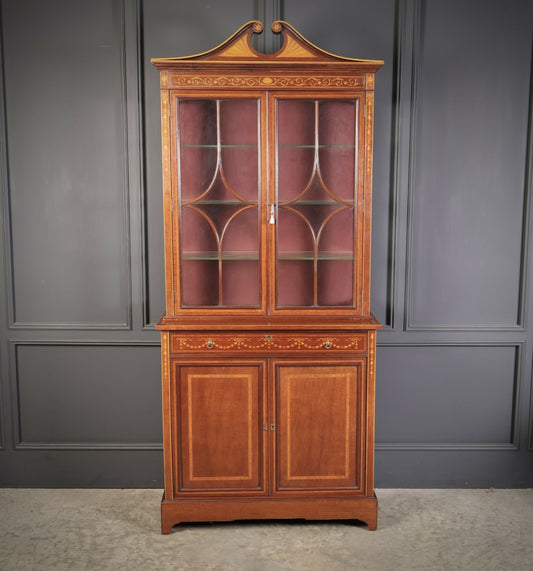 Marquetry Inlaid Mahogany Glazed Vintage Display Cabinet