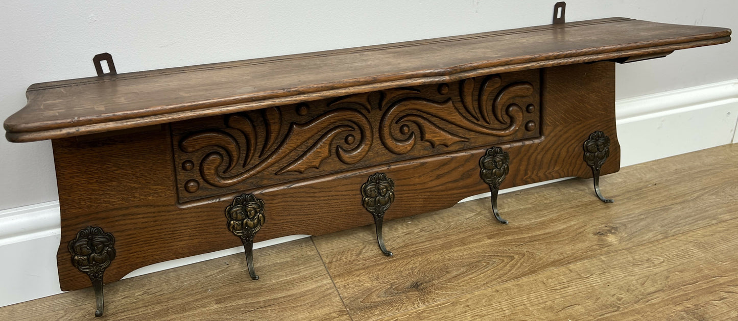Coat Rack Vintage French Oak Wall Mounted 5 Hooks Carved Rack Hanger LOT 6302