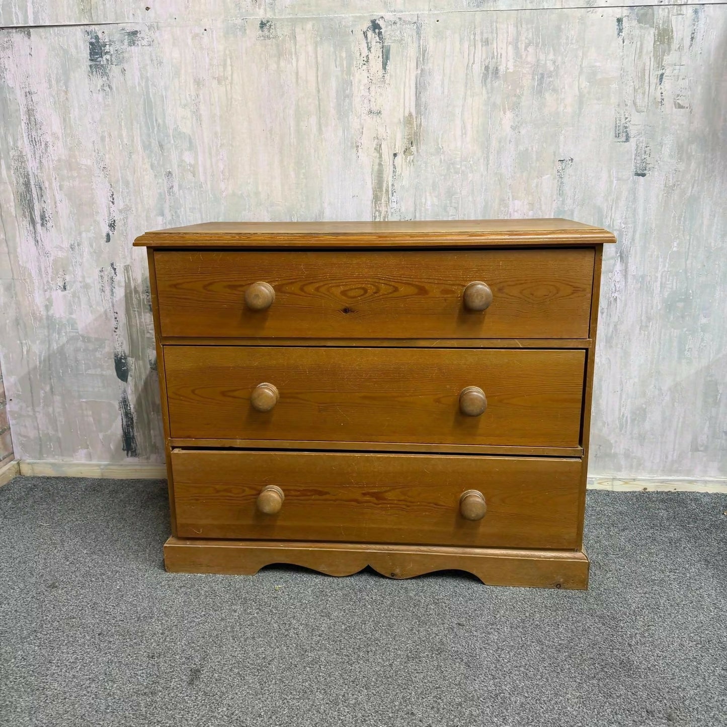 Vintage Solid Pine Low Chest of 3 Drawers Knob Handles Plinth