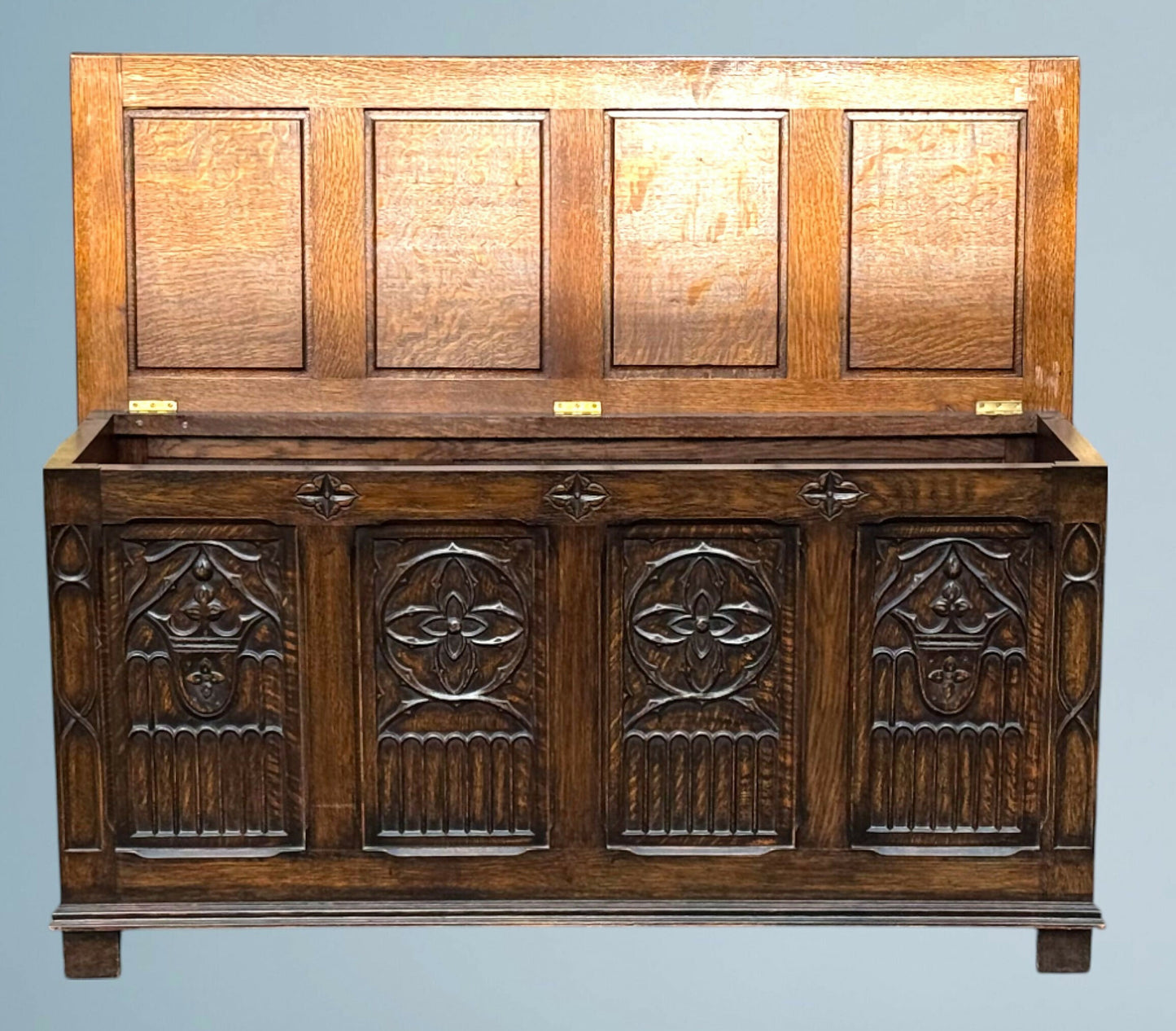 A Large Carved Oak Bedding or Blanket Box With Raised Linen Fold Panels