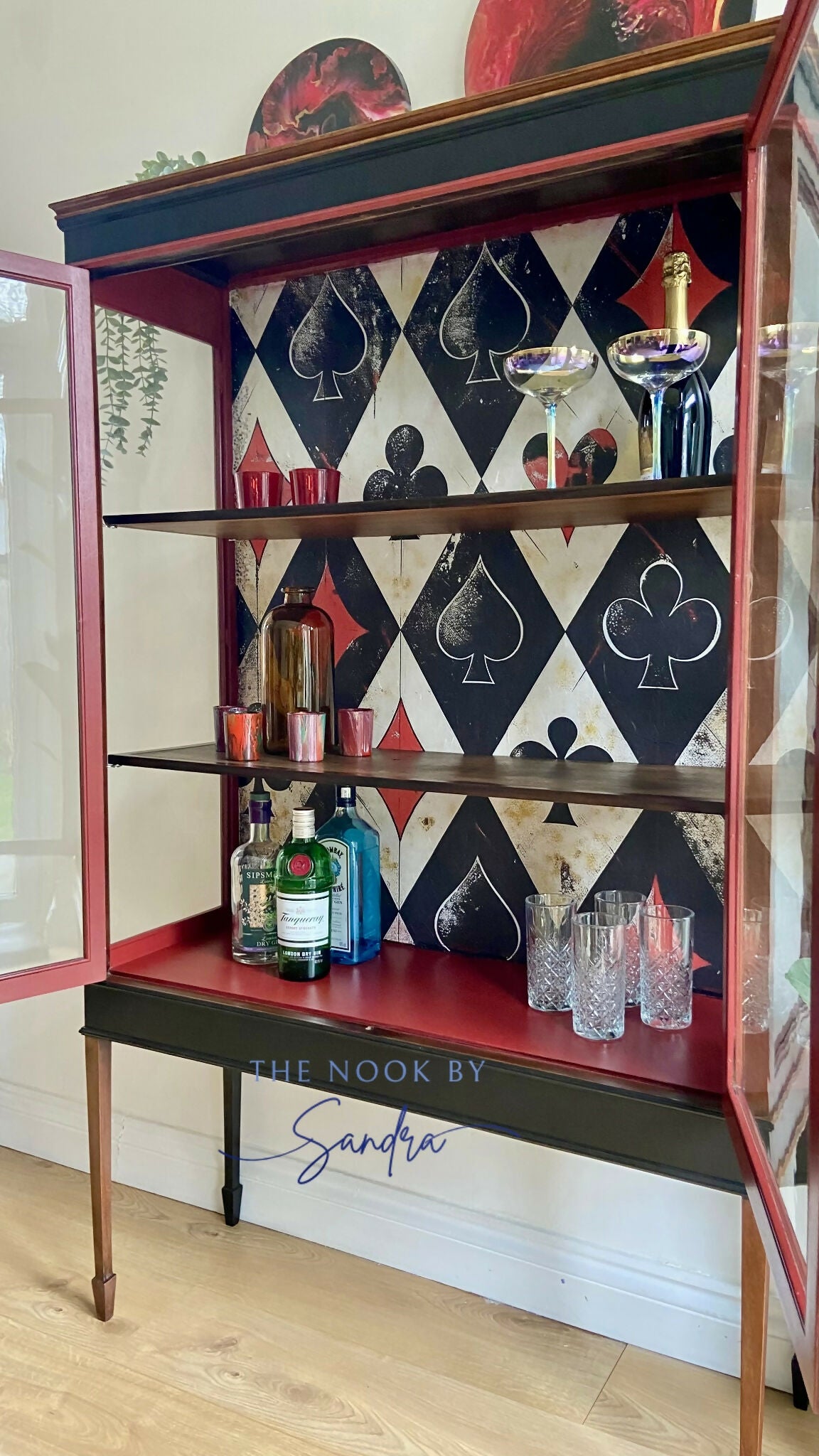 Upcycled Edwardian Mahogany Display Cabinet-Red and Black Perfect as a Cocktail or Display Piece