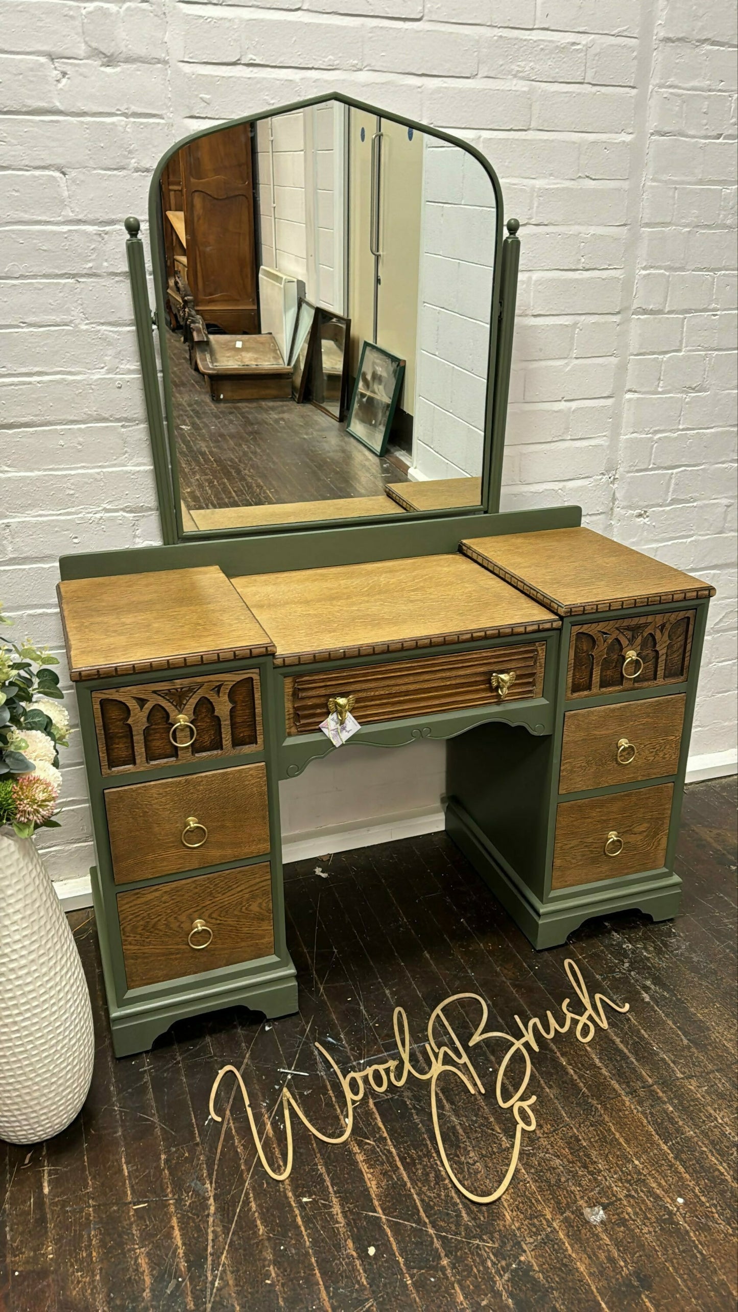 Beautiful Vintage Oak Linenfold Carved Old Charm Dressing Table And Mirror Green Gold