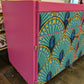 Midcentury Retro Sideboard TV Unit. Pink Teal Peacock Print Painted Upcycled Furniture