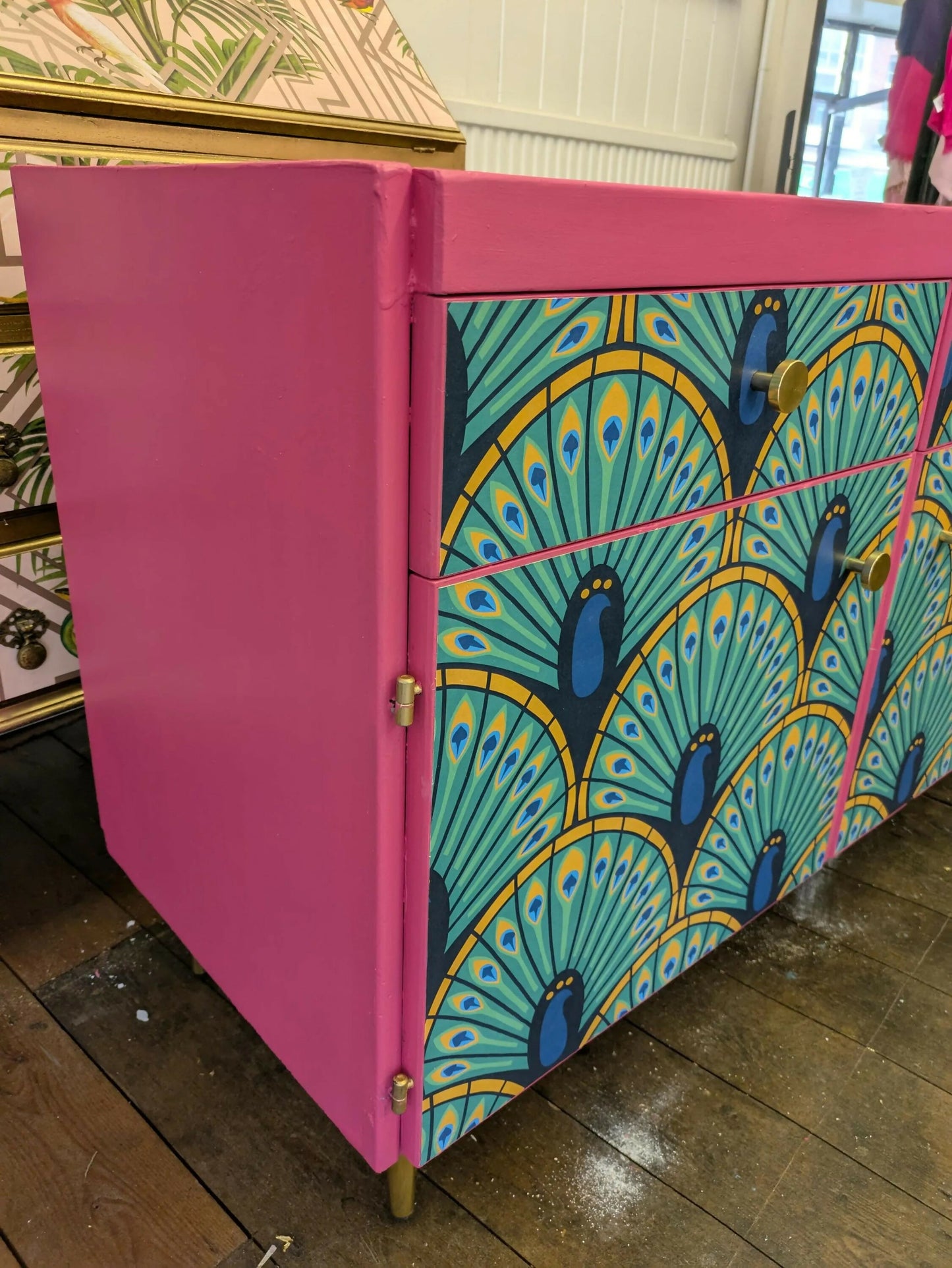 Midcentury Retro Sideboard TV Unit. Pink Teal Peacock Print Painted Upcycled Furniture