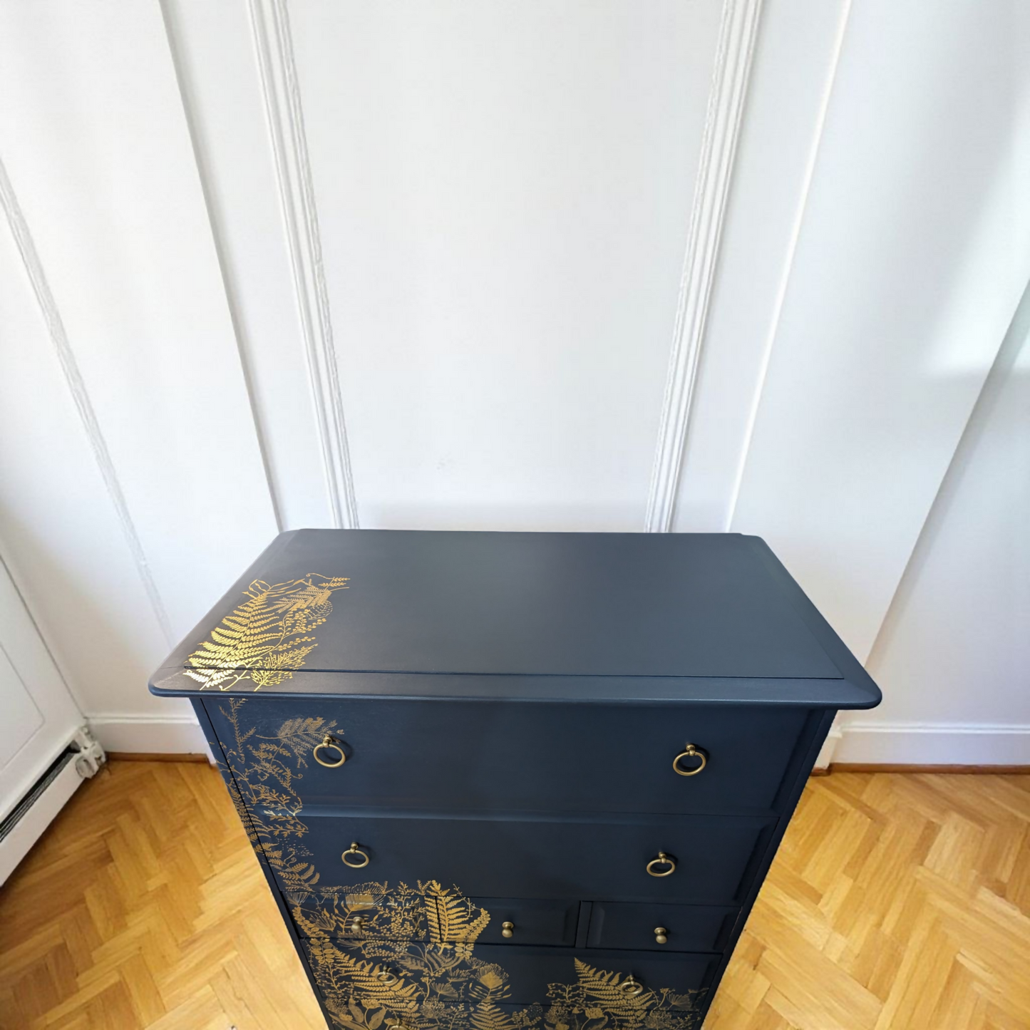 Vintage Stag minstrel 7 drawers tallboy, navy blue chest of drawers mid century modern dresser