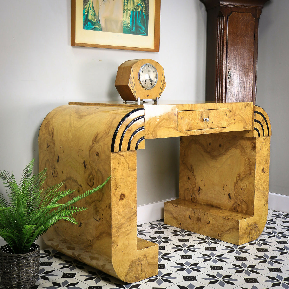 Art Deco Style Walnut Console Table Desk or Dressing Table with Drawer