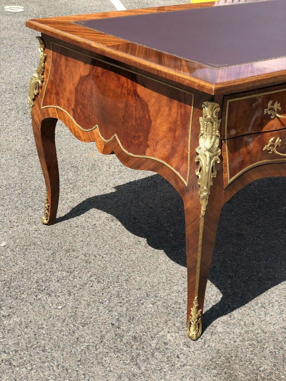 French Empire Style Large Inlaid Kingswood Desk With Brass Decoration