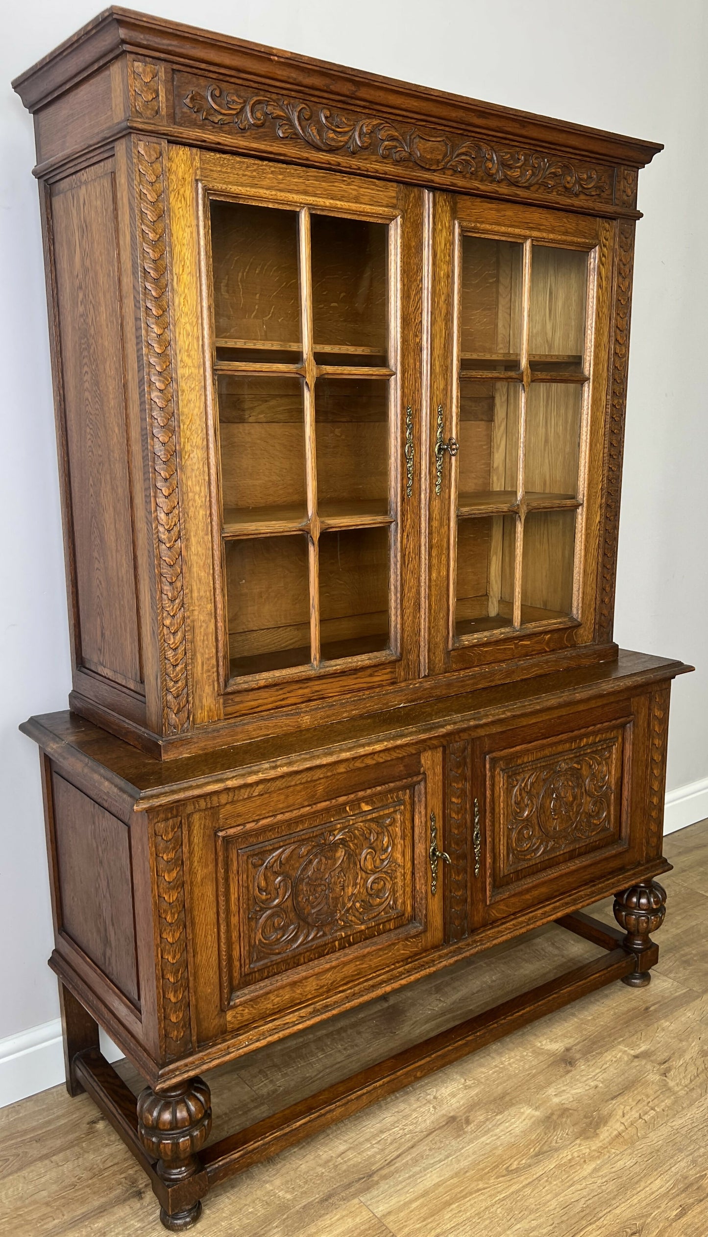 Bookcase Vintage French Oak Glazed Display Cabinet Carved Sideboard LOT 6257