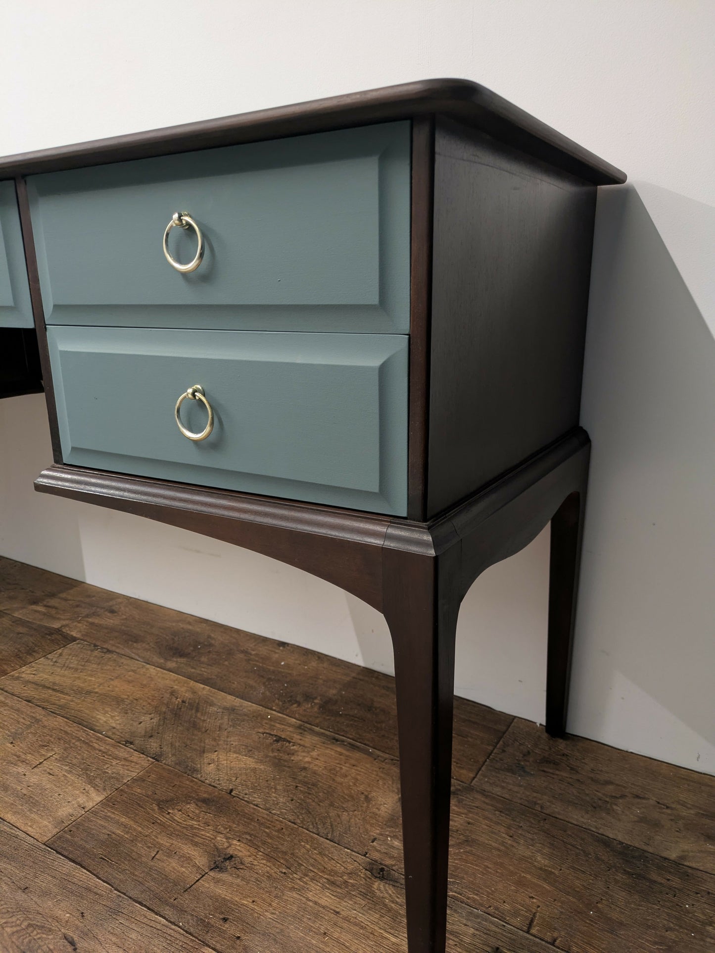 Vintage Stag Minstrel Dressing Table, Desk Dark Wood and Green Blue. Painted Upcycled Furniture