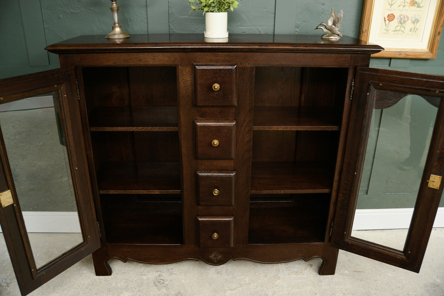 Solid Dark Oak Glazed Bookcase/Display Cabinet with Drawers - Ludwik Styl