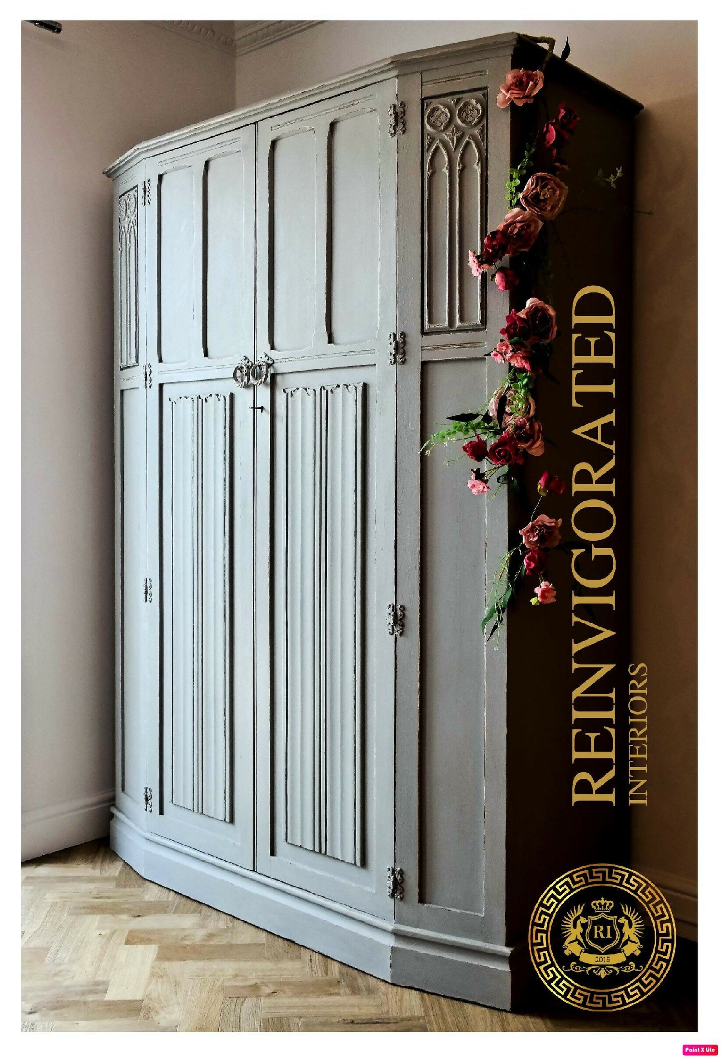 SOLD Oak Linenfold Hand Painted Wardrobe Armoire