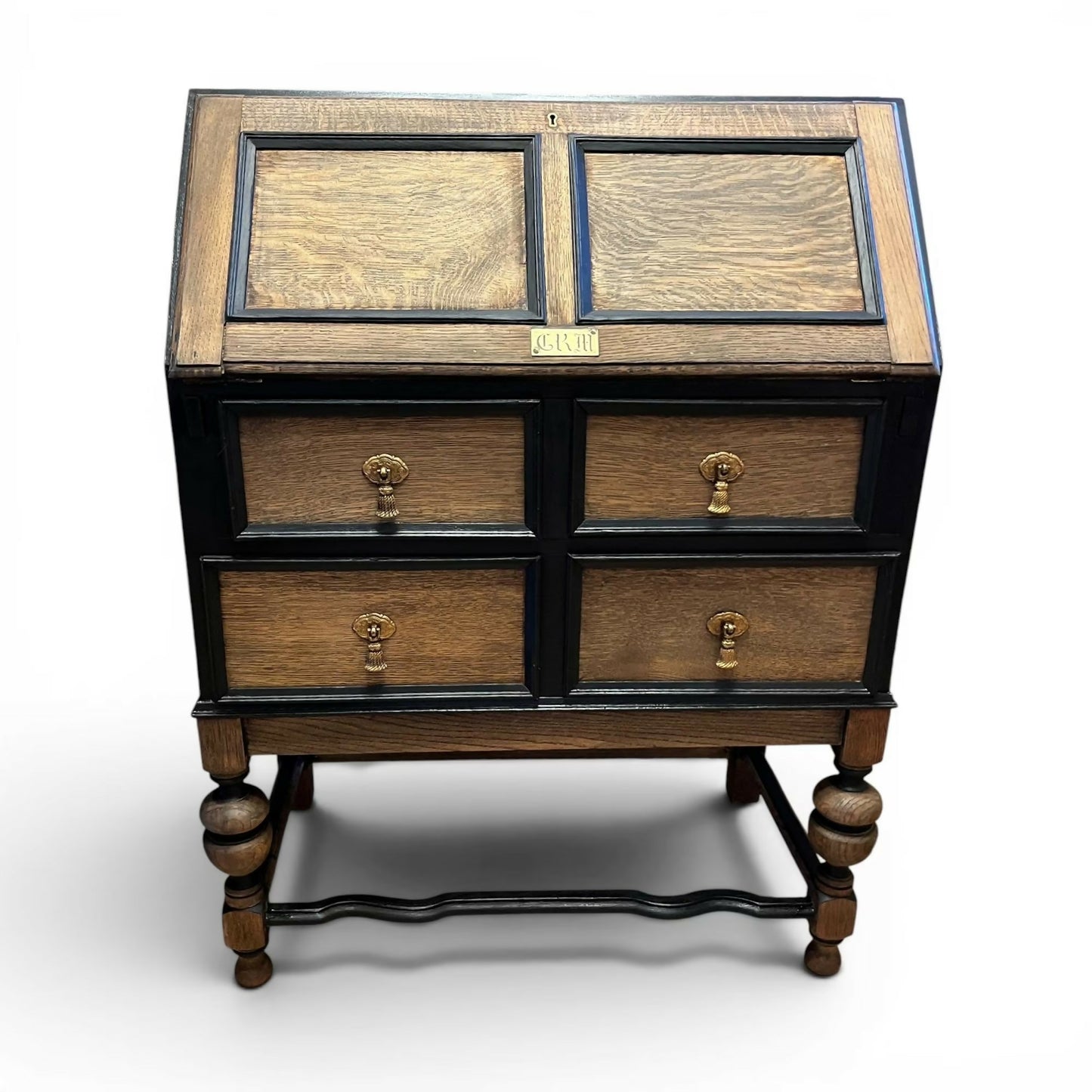 Vintage Oak Bureau Writing Desk / Fall Front Bureau / Refinished Storage Cabinet Black & Wood