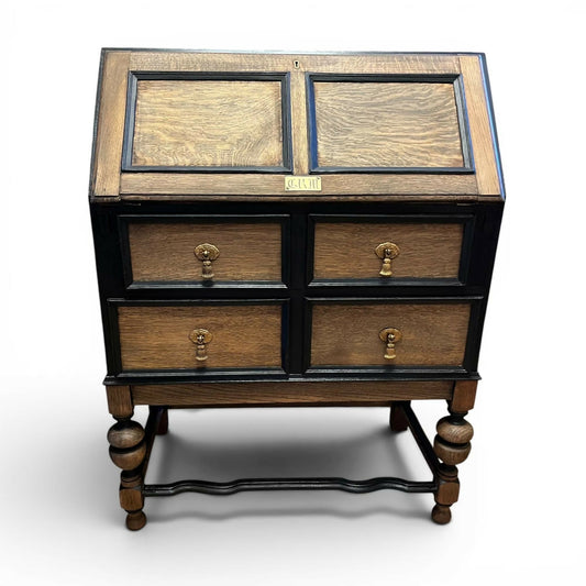 Vintage Oak Bureau Writing Desk / Fall Front Bureau / Refinished Storage Cabinet Black & Wood