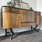 Mid Century Modern Sideboard, Dark Wood and Black Drinks Cabinet, Gold Interior, Original Handles, Crocodile Pattern TV Stand