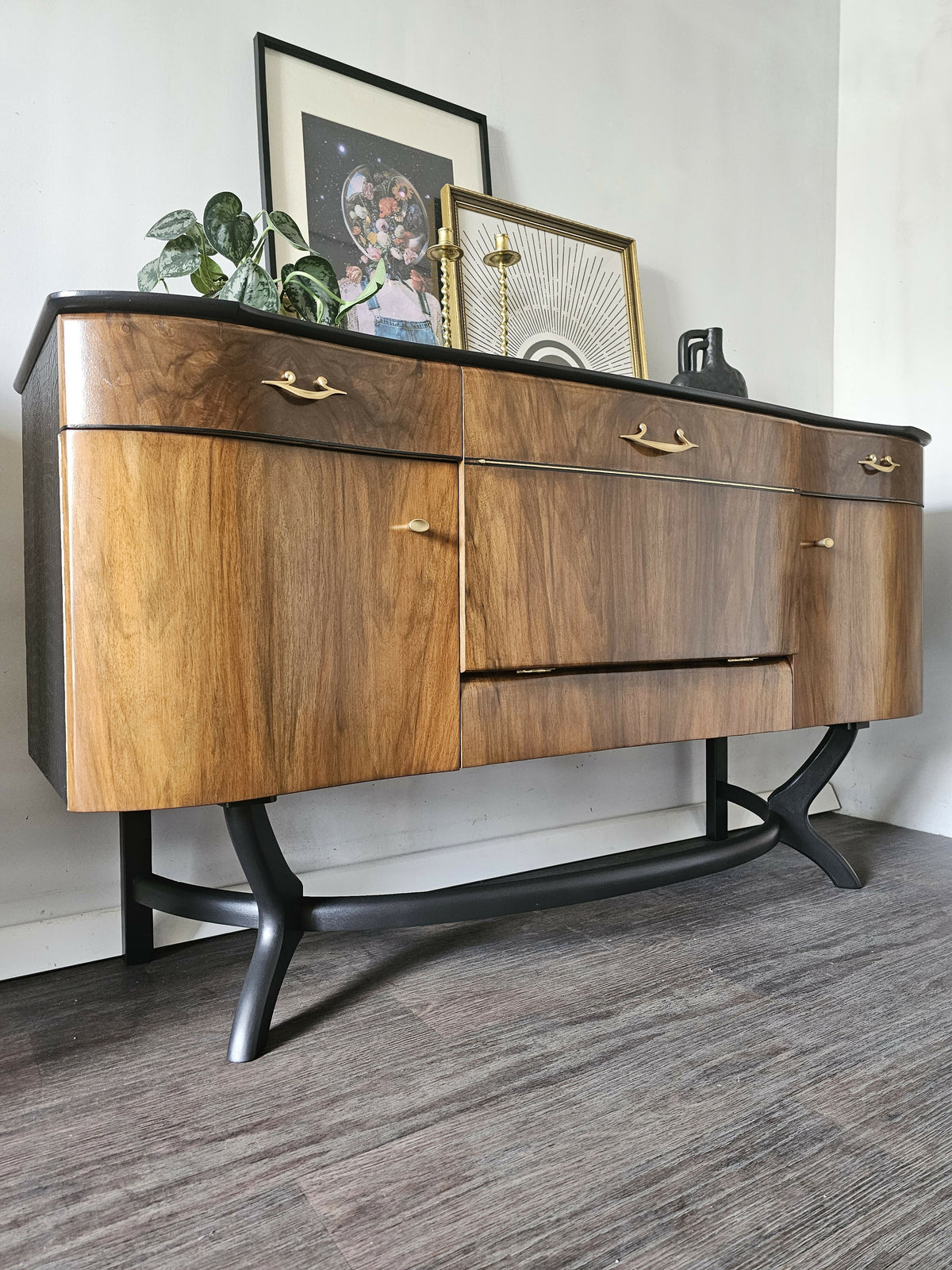 Mid Century Modern Sideboard, Dark Wood and Black Drinks Cabinet, Gold Interior, Original Handles, Crocodile Pattern TV Stand