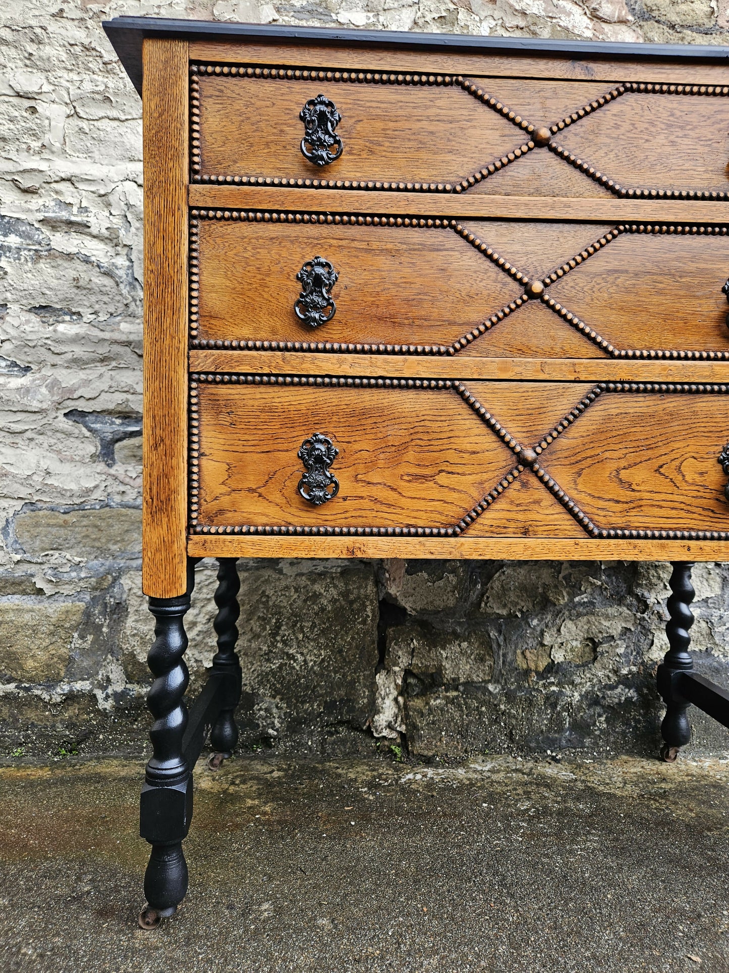 Vintage Oak Chest Of Drawers Three Drawer Lovely Detailing Super Proportions Ebonised In Black