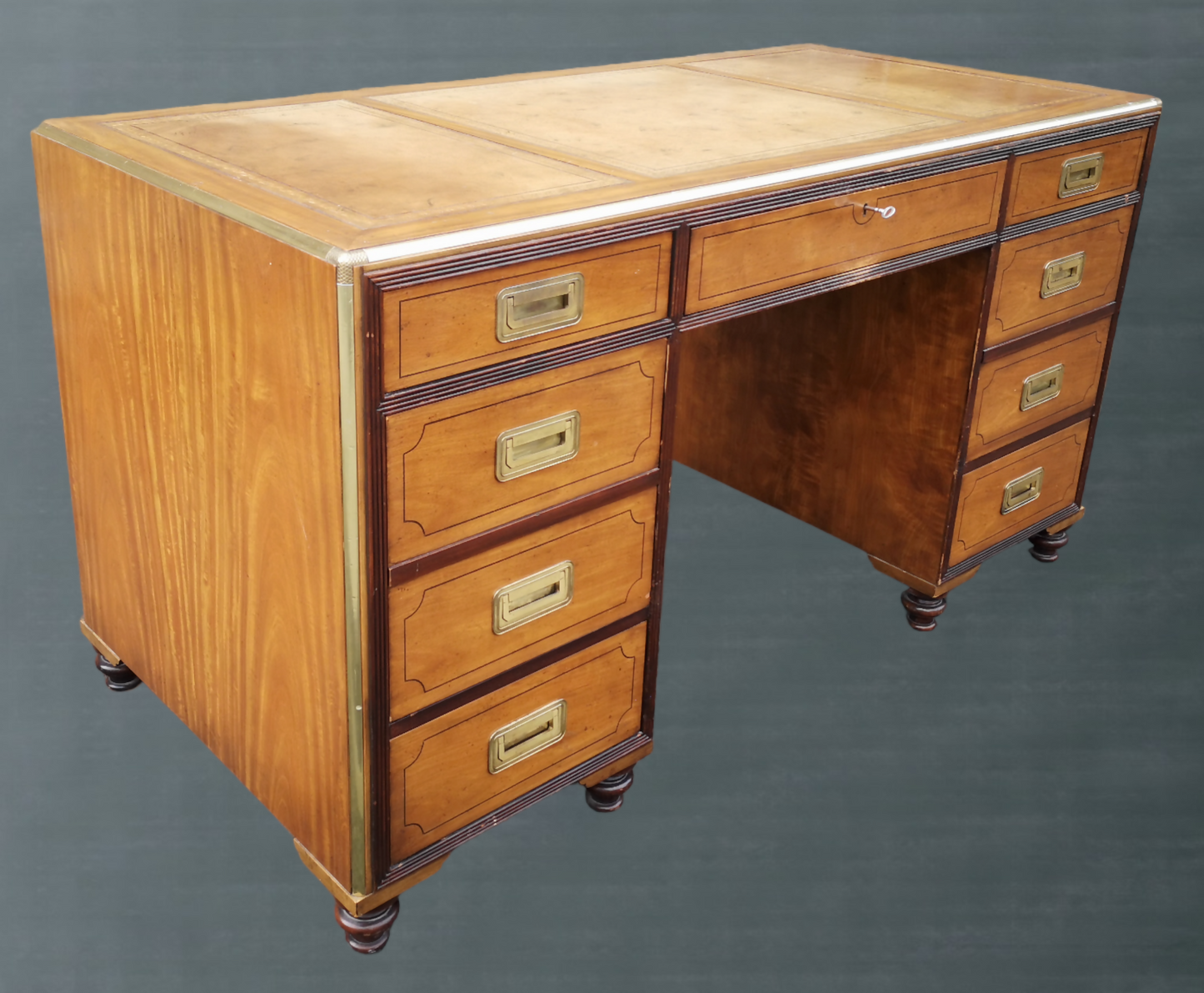 English Campaign Style Pedestal Desk by Baker Furniture Collectors Edition