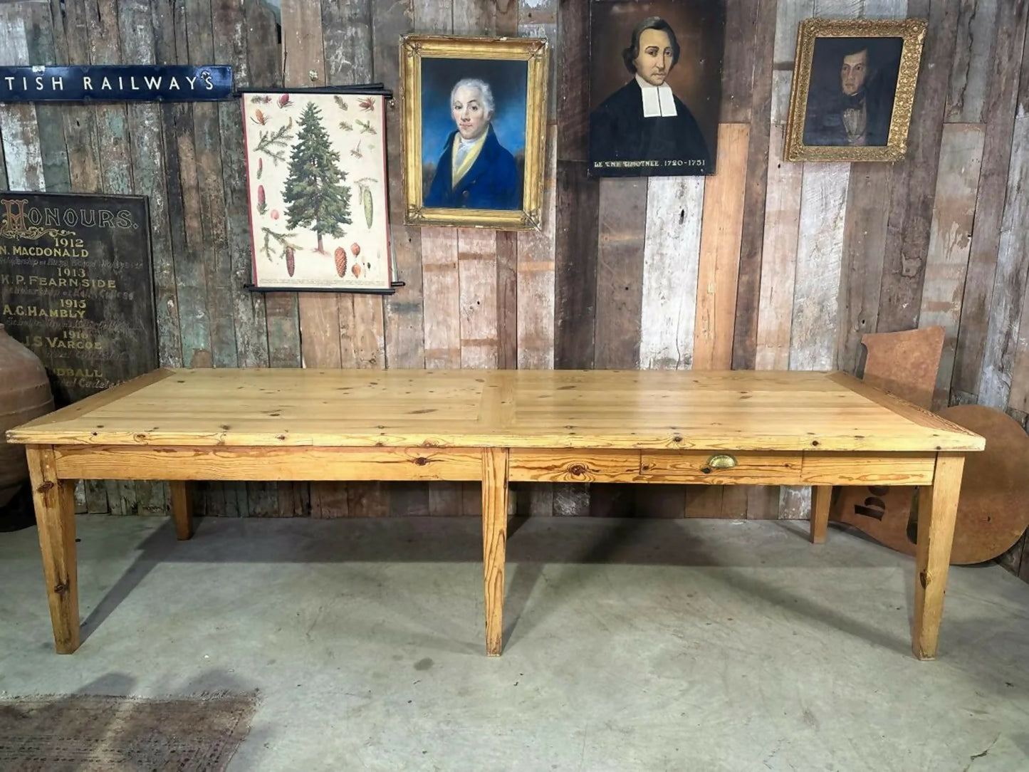 Antique Large Rectangular Long Pine Refectory Dining Table, C 1900. L300