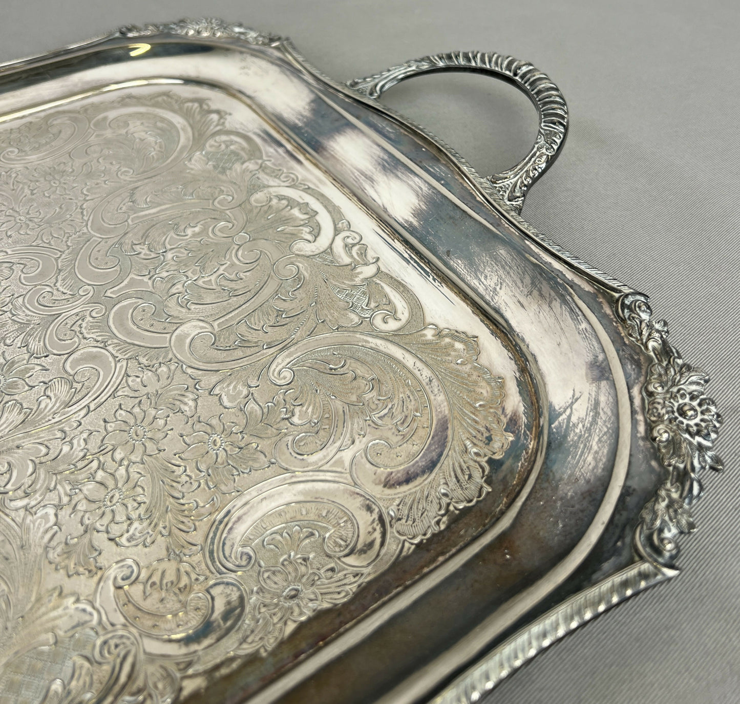 Serving Tray Vintage Metal Ornate Engraved Twin Handle English Tray LOT 6444